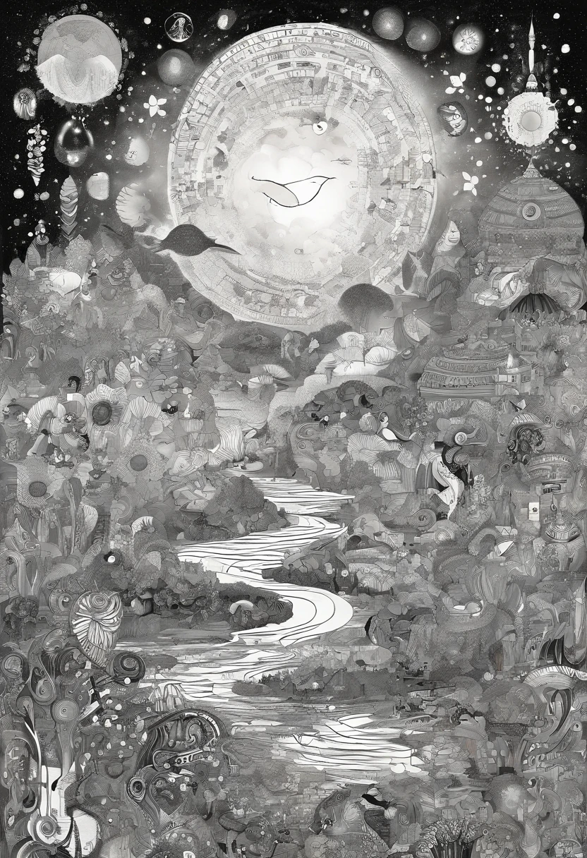 Visualize neutral colors (black and white) with all the design elements, including dots, lines, planes, chunks, textures yourself and apply them to a dual-dimensional work. based on the song Talking to the Moon