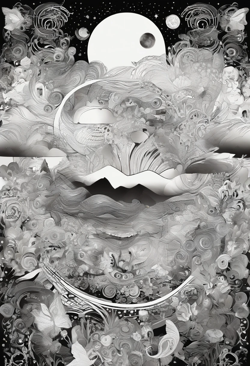 Visualize neutral colors (black and white) with all the design elements, including dots, lines, planes, chunks, textures yourself and apply them to a dual-dimensional work. based on the song Talking to the Moon