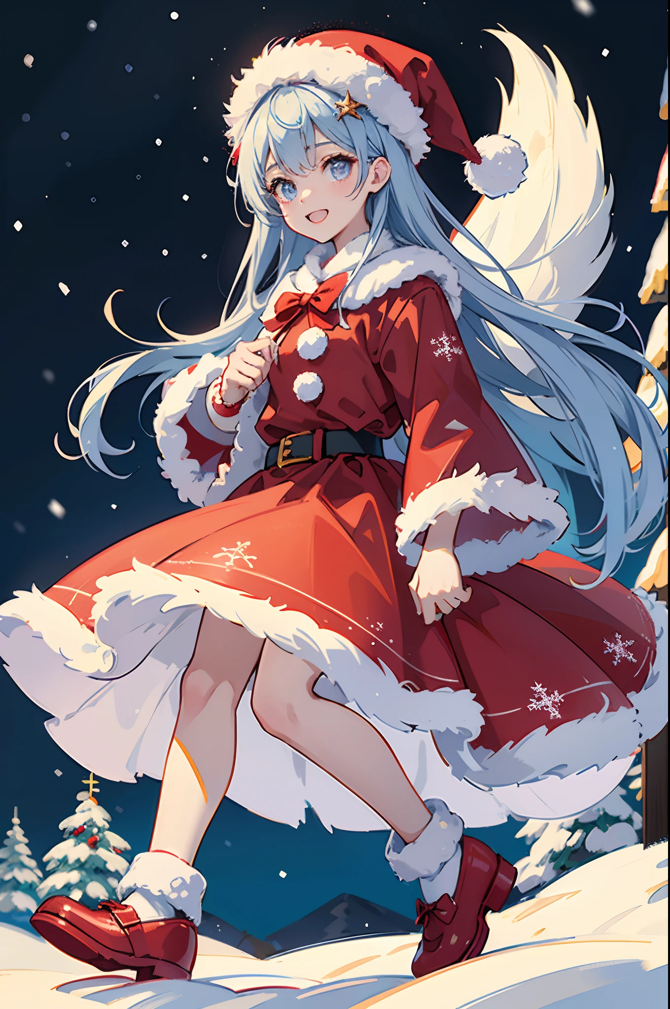 Santa Claus happily carrying presents、Santa is a pretty girl、Stars in the eyes(kirakira)、Eye Up、Laugh、Cute red shoes、foco nítido, Ultra Detail, radiant light、bio luminescent、snowscape、It's snowing、Draw a large snowflake in the foreground、Stronger bokeh effect