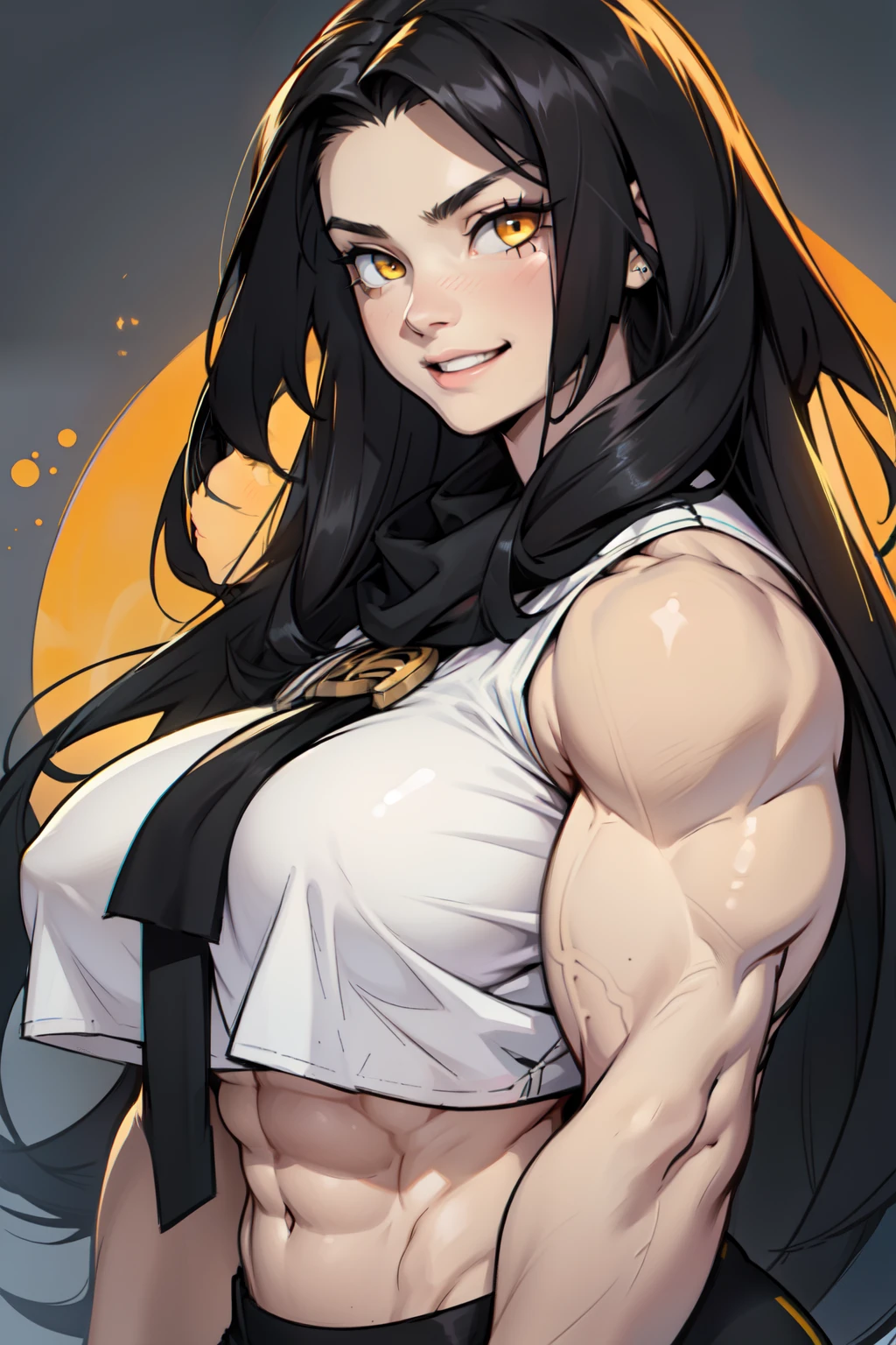 huge breasts pale skin very long hair black hair yellow eyes joyful expression ((((((1 girl)))))) (((((muscular)))))