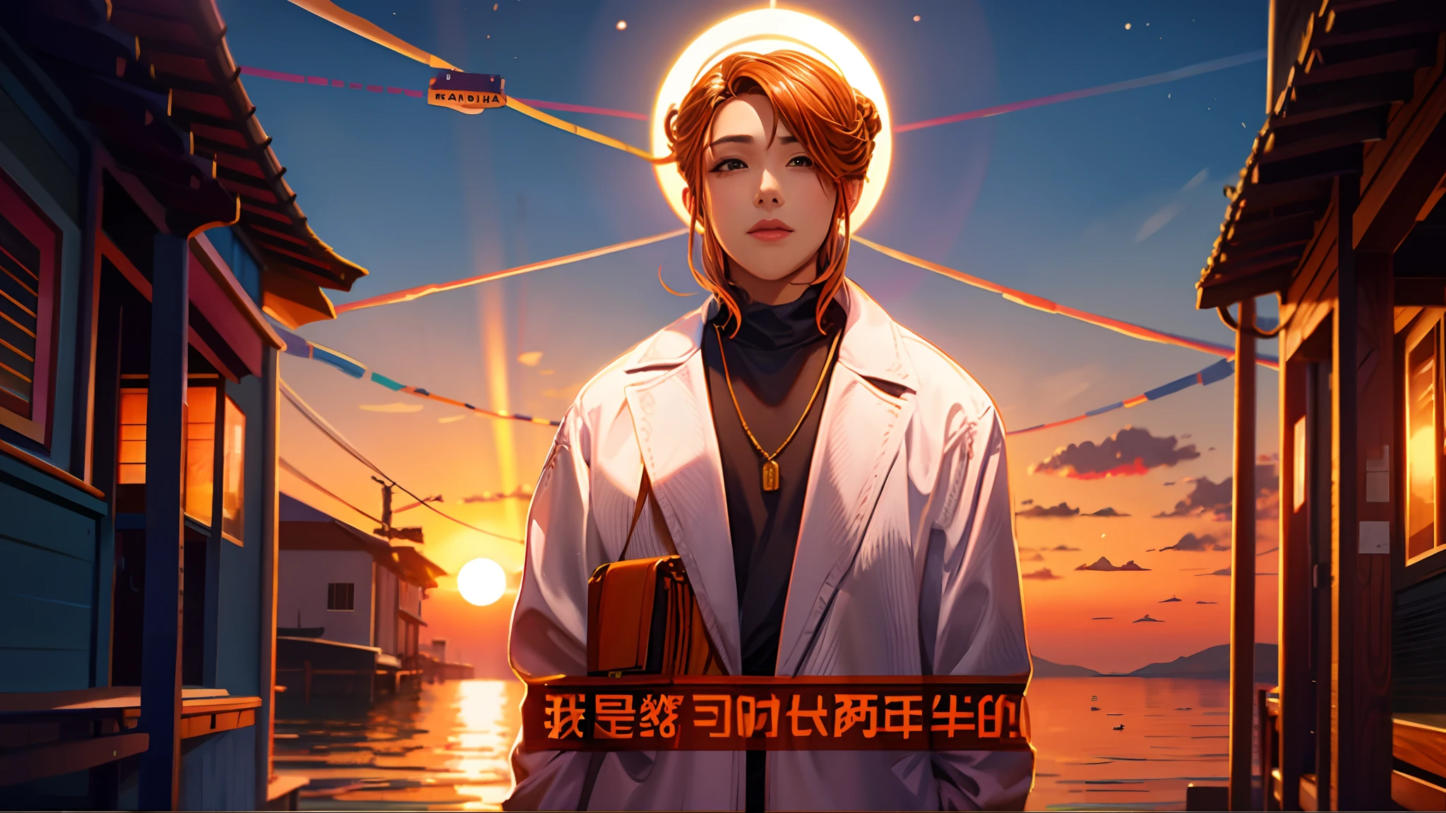 the sunset，eventide，middle parted hairstyle