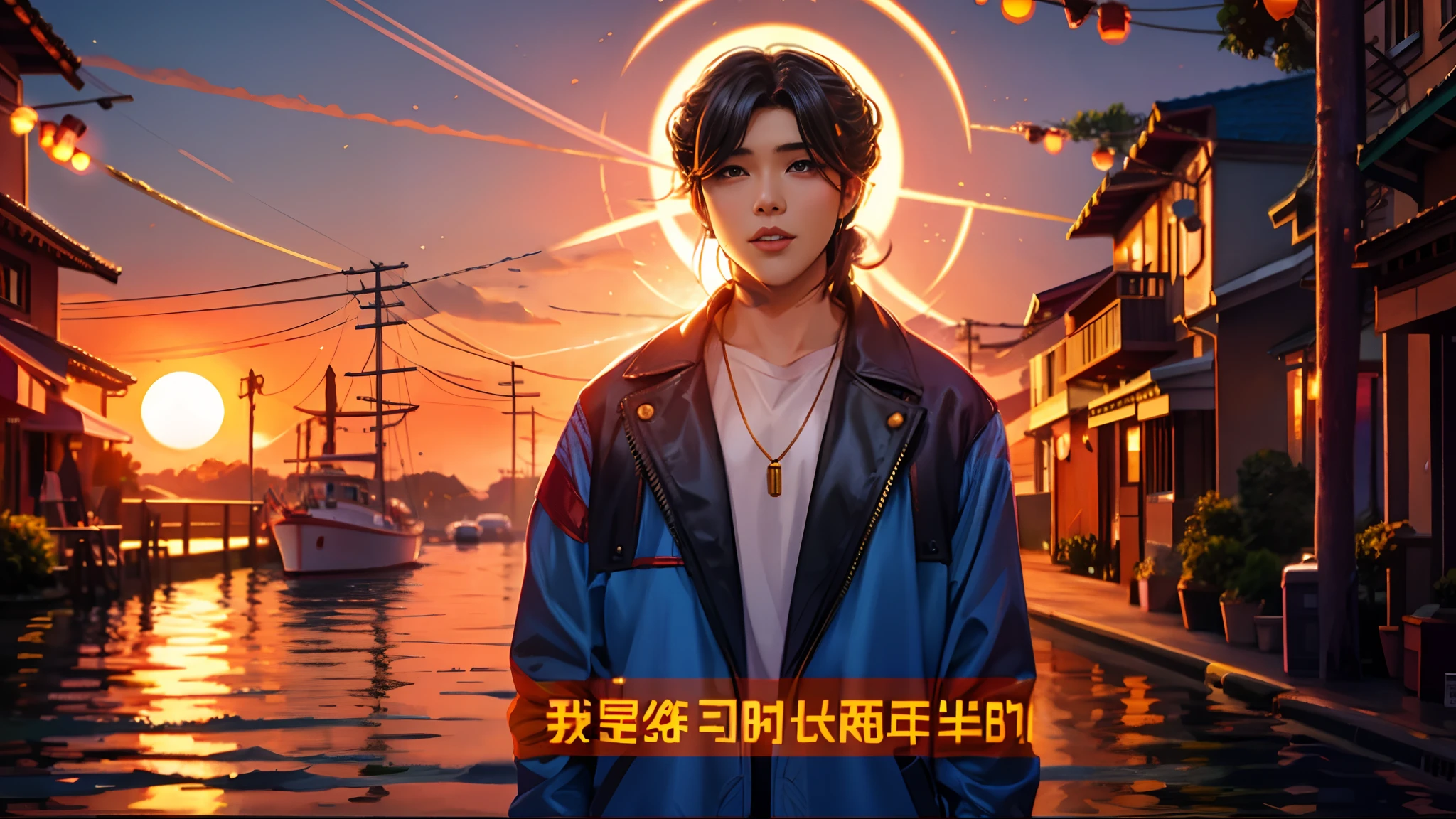 the sunset，eventide，middle parted hairstyle