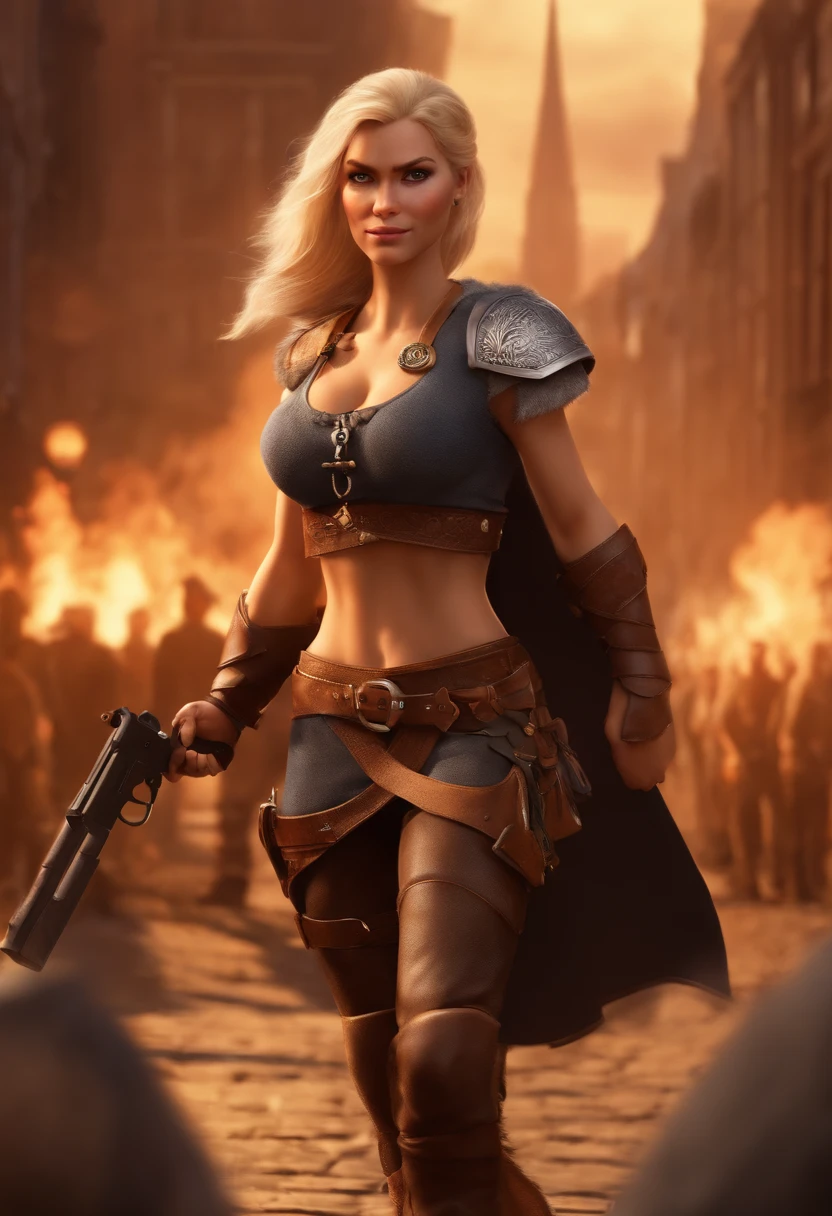 Pixar, cartoon, like a war film, girl, blond, viking, Nordic style like the picture, very strong body, strong arms, very beautiful, with guns, pistol and rifle, military clothes, nose are bigger, 3d rendering, fire and flames background, brown eyes, brown eyes, city like new york on background, looking at viewer