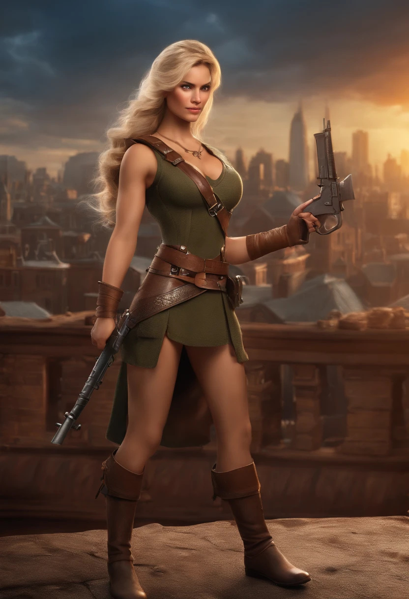 Pixar, cartoon, like a war film, girl, blond, viking, Nordic style like the picture, very strong body, strong arms, very beautiful, with guns, pistol and rifle, military clothes, nose are bigger, 3d rendering, fire and flames background, brown eyes, brown eyes, city like new york on background, looking at viewer