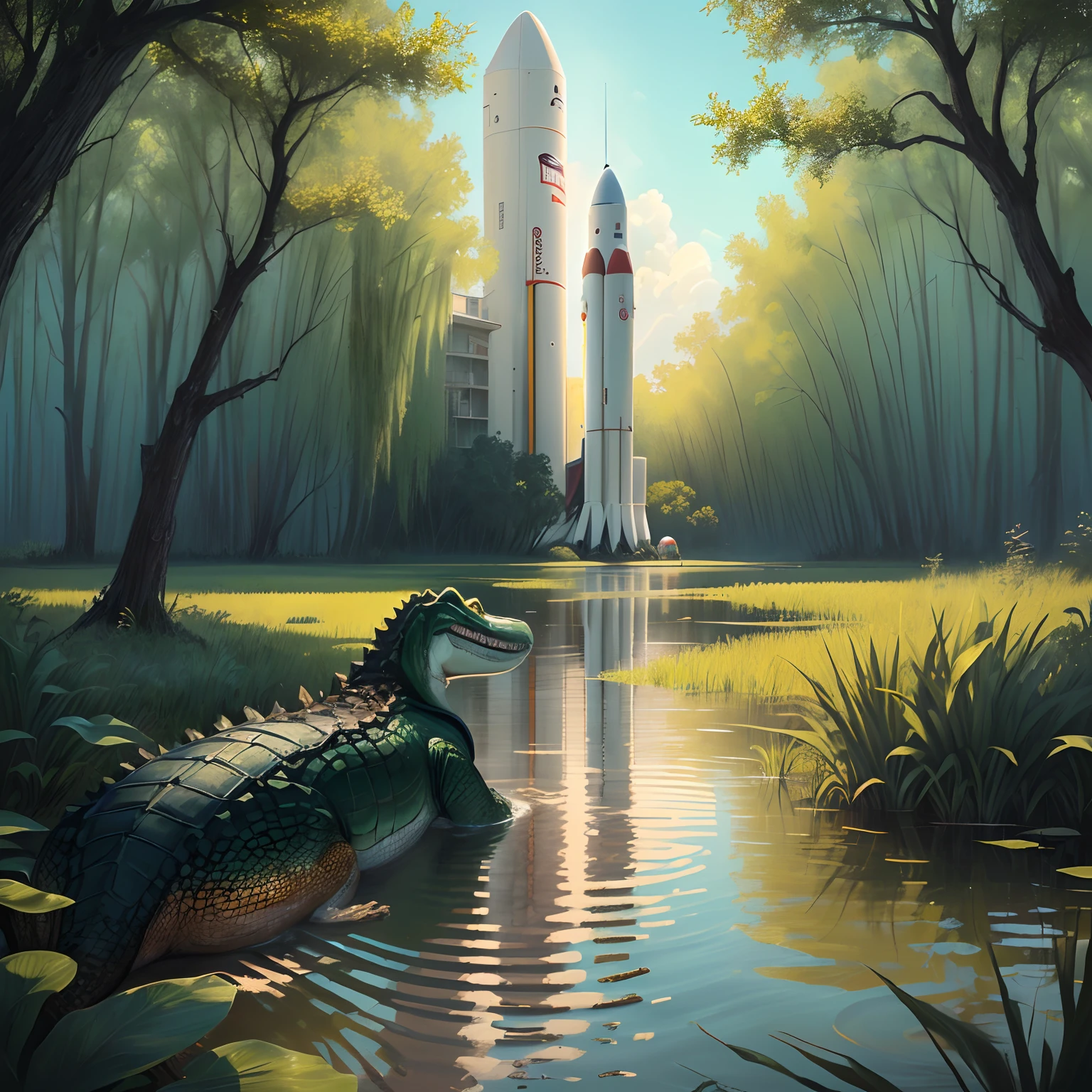 Fraternity gator chilling in a swamp and looking at a Space Rocket launch in the distance