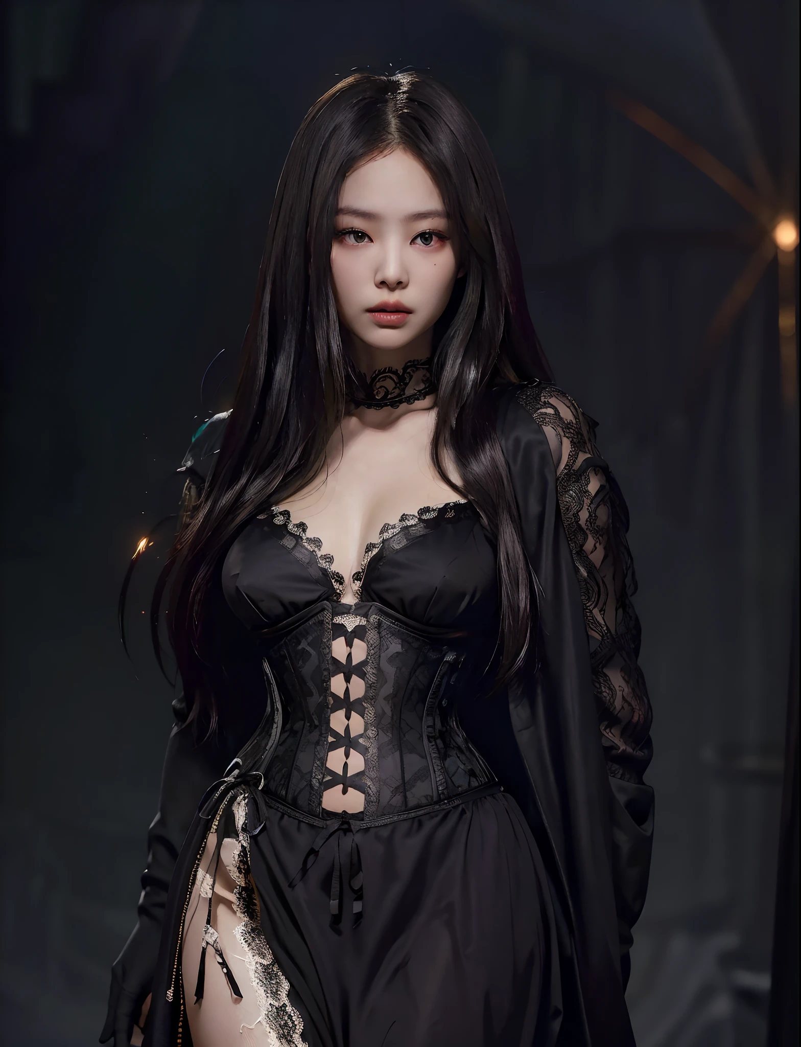 Best quality, masterpiece, ultra high res, (photorealistic:1.4), raw photo, 1girl, looking at viewer, delicate intricate lace corset, FilmG, best shadow, intricate, depth of field, long hair, messy hair, large breast, (((low key, dark scene, dimly lit ))), white skin, (dynamic pose:1.2), dark background, (full body:0.6)