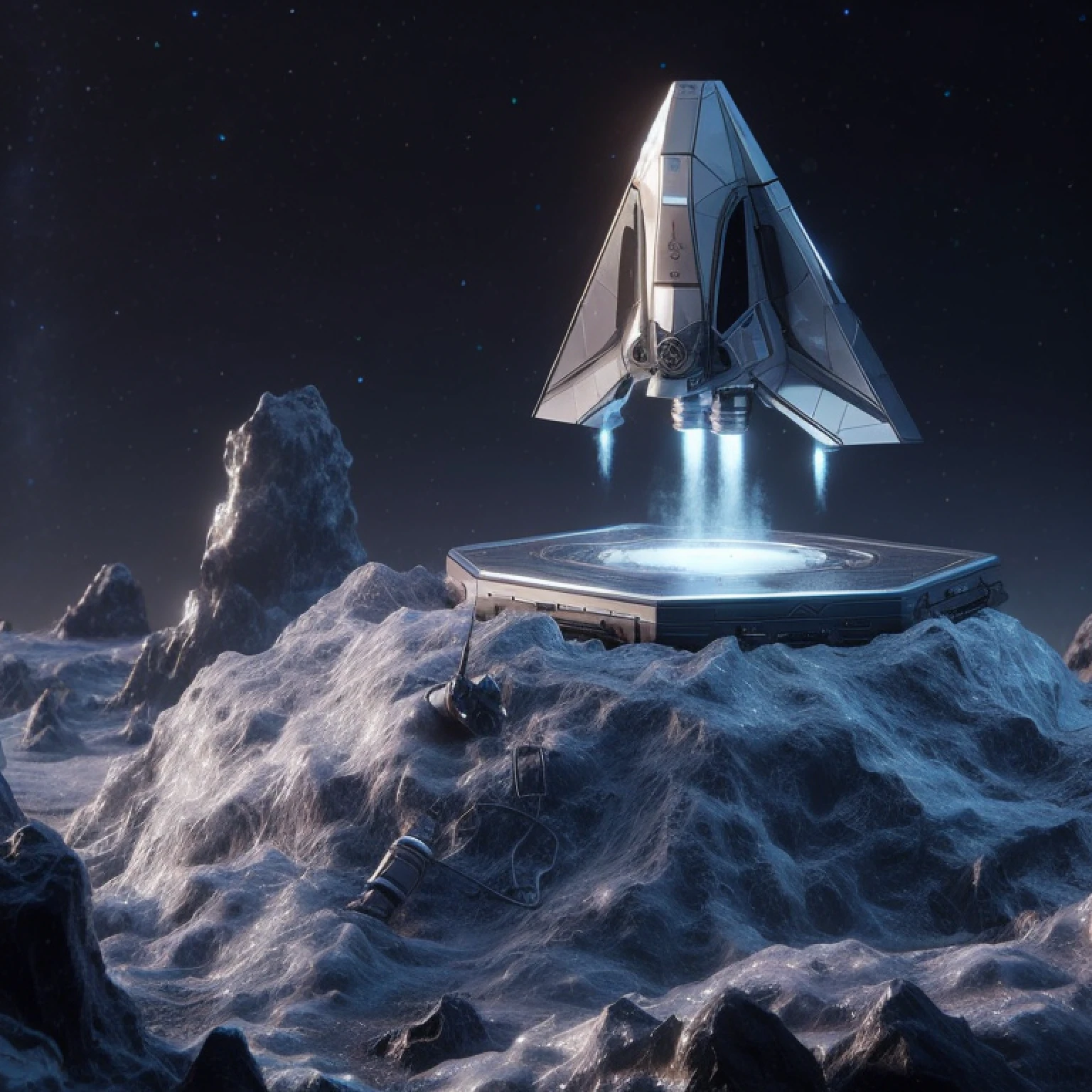 spaceship landing on a rocky surface with a mountain in the background, spaceship landing, landed spaceship in background, aurora spaceship environment, spaceship in a dry river bed, space ship above an island, hexagonal planetary space base, 8 k high detail concept art, 3 d render of a scifi spaceport, an epic space ship scene, spaceship in background