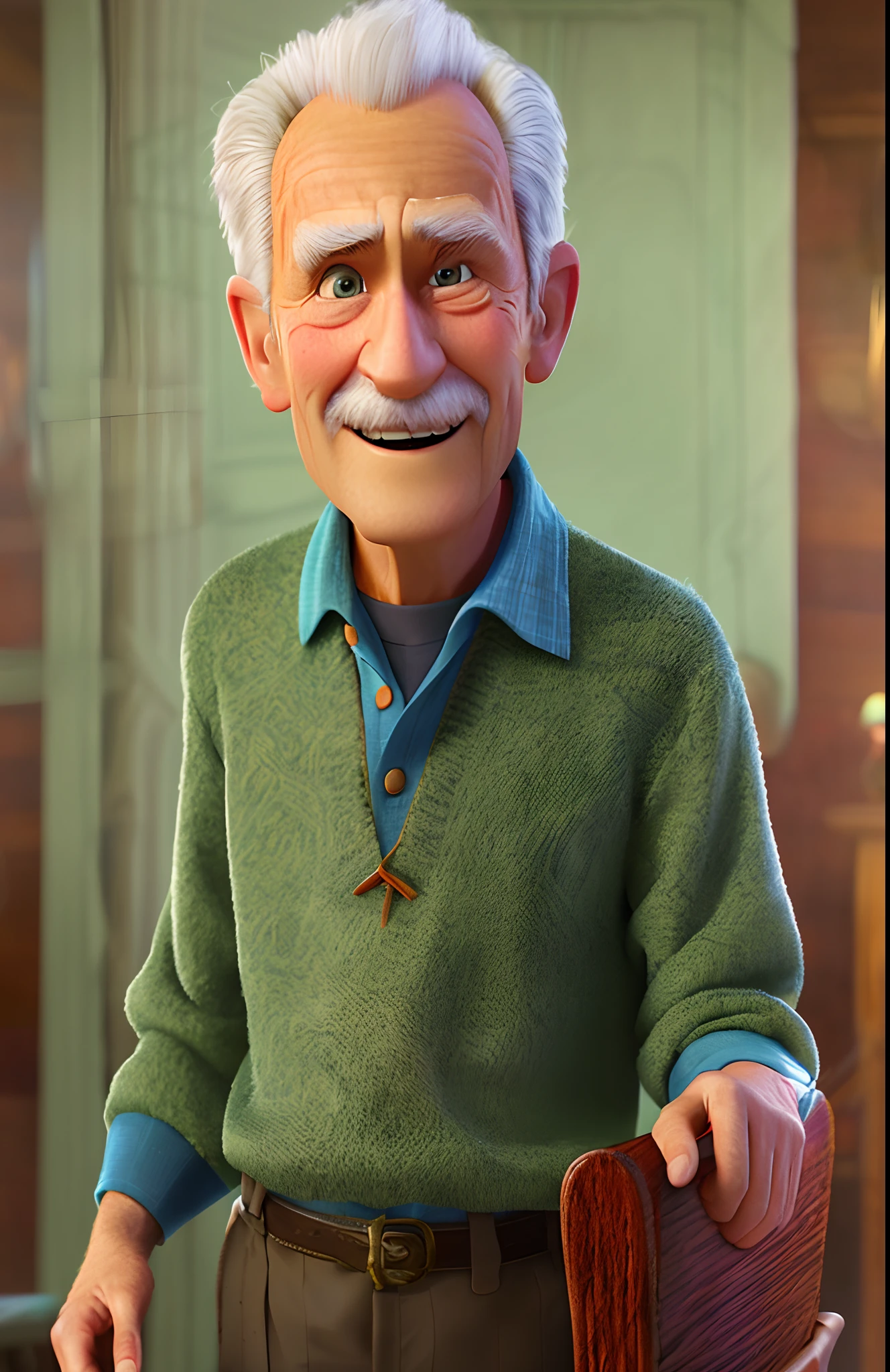 Pixarstyle an above-the-waist portrait of a young man with a small beard holding his newborn son on his lap