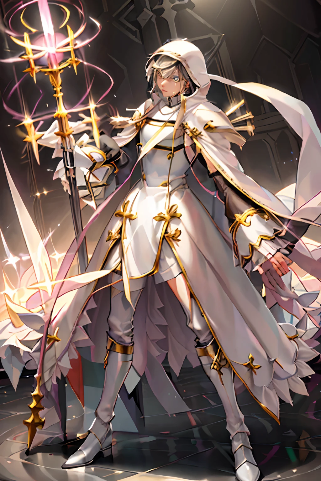 Handsome, slender, ((Sistermon Blanc as a Male)),(( 1boy, solo)), white hair, long hair, grey eyes, white footwear, blush, Priest robes, open mouth, simple background, bangs, blunt bangs, knee boots, long sleeves, sidelocks,((pink Rabbit Hood)),( high quality), high Aesthetic, ((masterpiece)), battlepriest