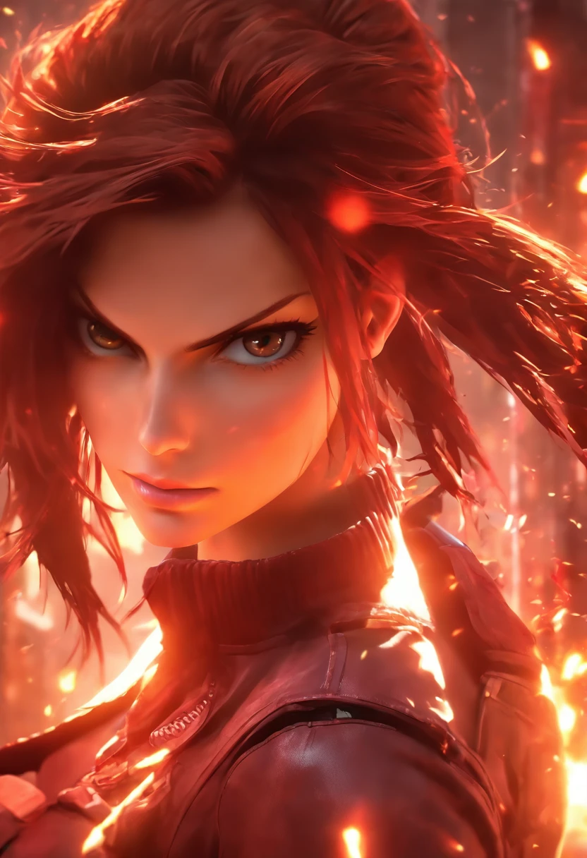 Claire Redfield, wallpaper hd, in the style of vivid energy explosions, 8k, realistic and hyper-detailed renderings, precisionist art, photorealistic scenes, epic, glassy translucence, anime art, detailed and intricate environment, unreal engine, poster cinematic, full body