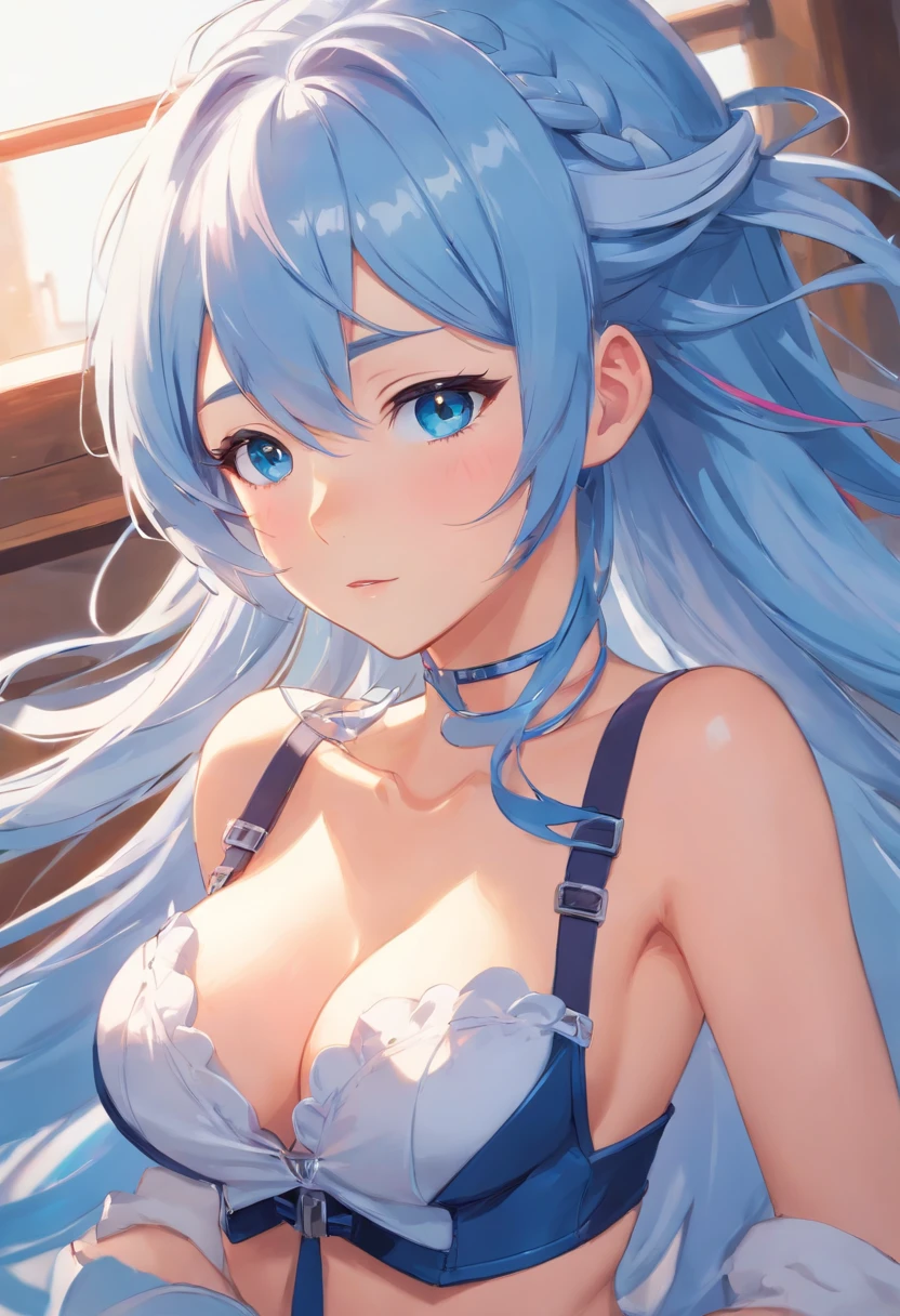 long hair, blushing face, blue eyes, navel, blue hair, white hair, multicolored hair, two-tone-hair, liquid hair, corset, garter belt, stocking, big breats, braid, navel, ((magazine cover)), upper body
