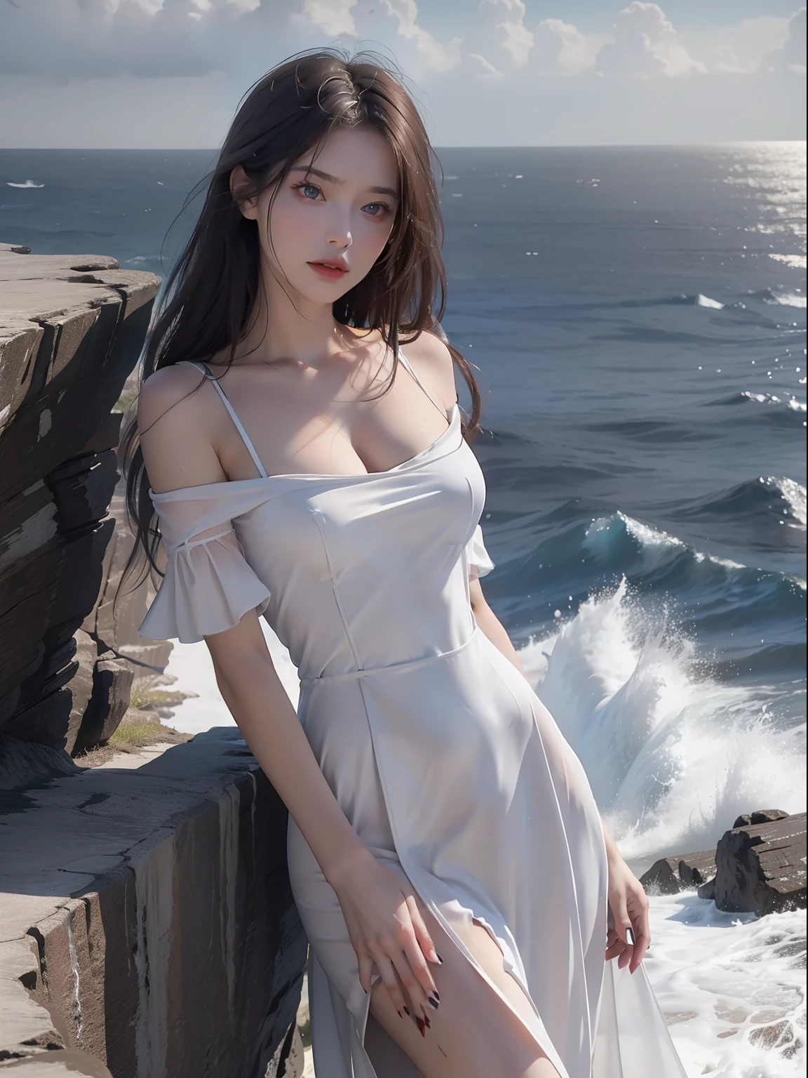 Dress conservatively，femele, White, Blue, Red,(Best quality, Ultra-detailed, high resolution, Extremely detailed CG),Wide shot,The Angel of Death stands on the edge of a cliff,She is very beautiful,She loves blood and the sea,Bloody rain, mistic,Rabid, Intricate, Surreal,Delicate