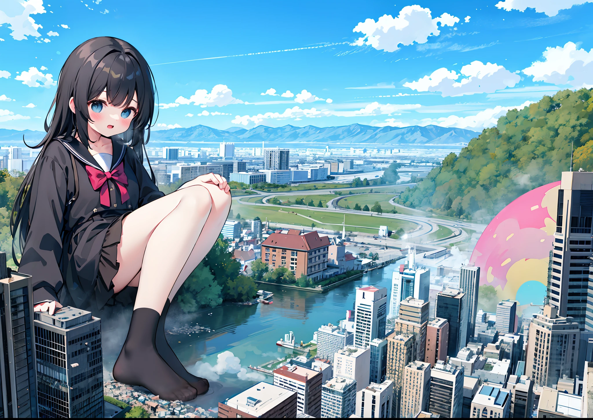 1girll,，Clouds， view over city， mountain ranges， Masterpiece, Best quality, Highly detailed,Masterpiece,Best quality,offcial art,Extremely detailed Cg Unity 8K wallpaper，{{{Giantess}}}，Giant，1girll，{Black stockings}，modern miniature city，A cold expression，Sit on a modern miniature city，Destroyed buildings，looking toward the viewer，The feet emit steam，Smash the city，