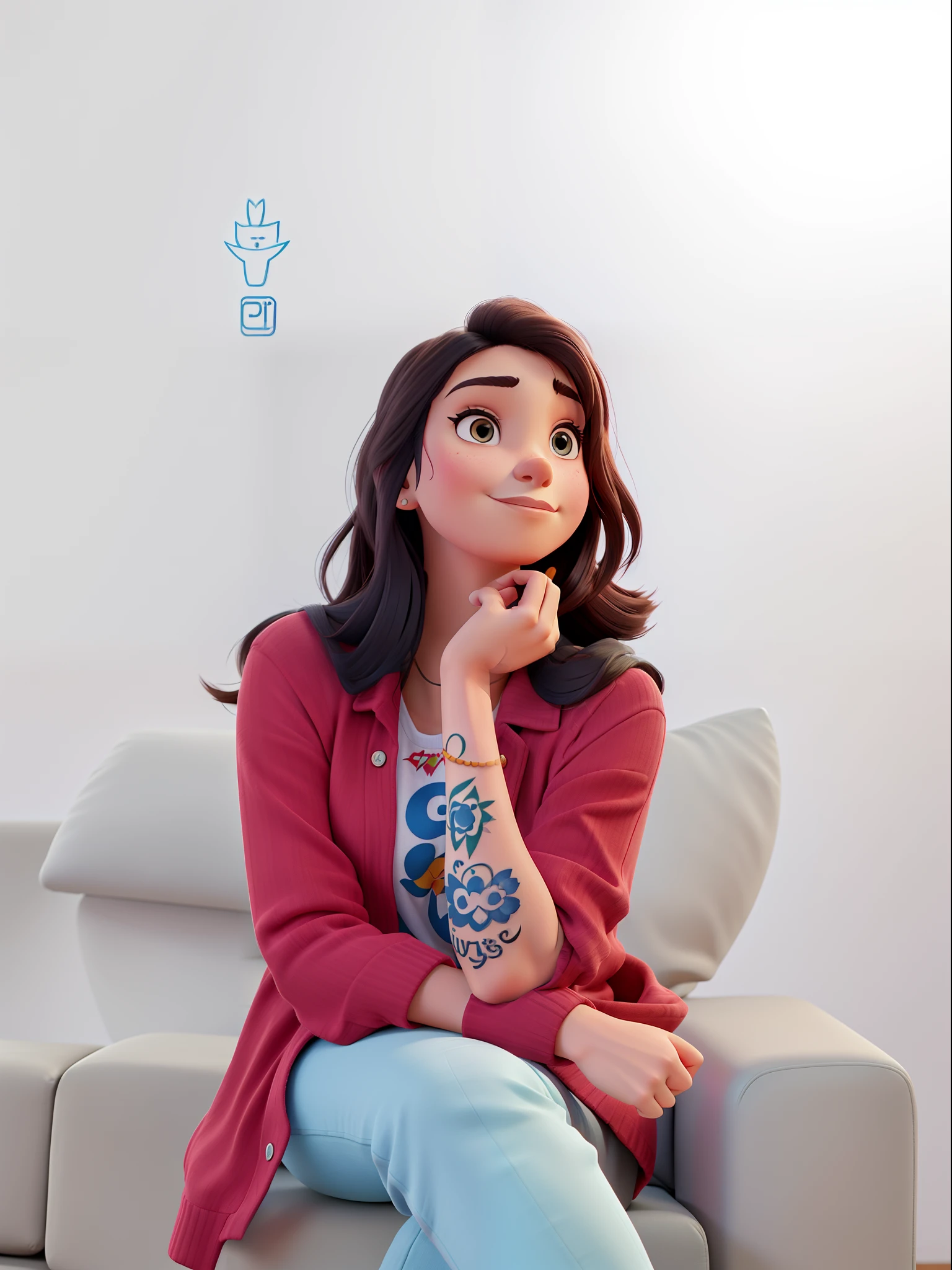 A woman sitting on the couch, with tattoo on the arm, estilo disney pixar, alta qualidade,        melhor qualidade