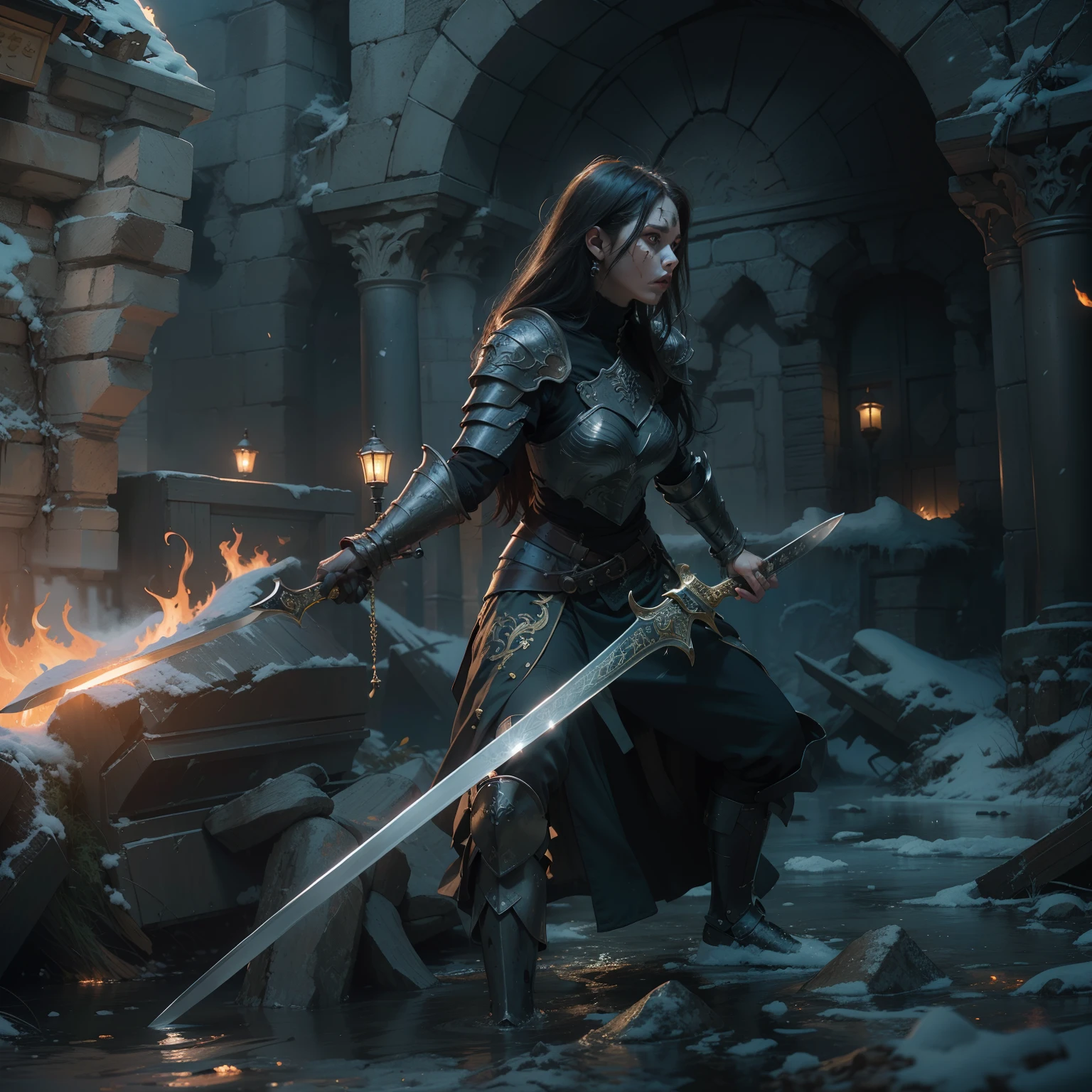 (Multi-award-winning masterpieces, With amazing detail, Maximum texture and detail), (Hyper-Realistic:1.4), (Realistic:1.3), (Best quality real skin texture), (True circular eyes with exquisite details), (detailed and beautiful face:1.6), ((Medieval World)), (Knight in Black Jet), Exquisitely decorated, (Dark black full body armor with delicate accessories.), (The armor is scarred, but finely decorated.:1.5), Do not wear a helmet., (Full-length portraits:1.6), ((looking up)), ((looking down)), (Full-body standing image:1.8), (Grab the handle of an intricately decorated black longsword that shines with a gigantic light.:1.7), (dramatic pose), (Colorful poses), (Beautiful poses), Beautiful black hair,Black web coat, Dragon on Armor, Strong Warrior, Agile warrior, fantasy, ((Amazing visuals.)), ((Dynamic photos)), full body view, high-detail, ultra realistic, intricate detailed, painting (artwork), ((masterpiece,bestquality)), ((cinematic light)), Hyper-Realistic, Scary, dark fantasy , detailed armor, detailed helmet, epic realistic, faded, ((neutral colors)), art, (HDR:1.5), (muted colors:1.2), hyper detailed, (art station:1.5), motion picture, warm lights, light effects, dramatic light, (intricate detailed:1.1), intricate background, (Greg Rutkowski:0.8), (teal and orange:0.4), (Swirling flame), (Swirling lightning), (Ice and snow swirling), Old ruins filled with vegetation., Ruins of an old castle, In the dungeons, Ruins of ancient castles, Abandoned mine, Abandoned ruins, debris, Ruins with clear puddles, twilight, sunset, dusk, Ripple on the water, Flowing water, battlefield, bioluminescence,