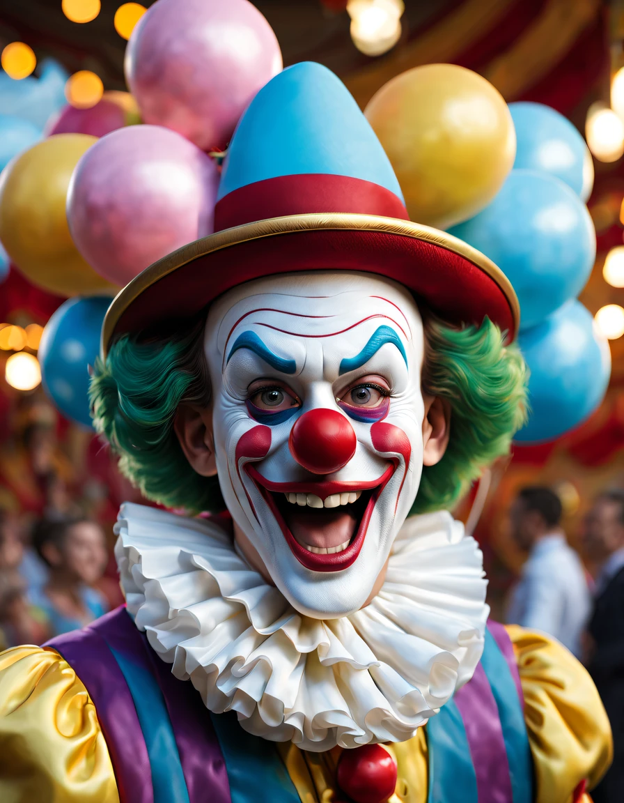 (best quality,4k,8k,highres,masterpiece:1.2),ultra-detailed,(realistic,photorealistic,photo-realistic:1.37),colorful,cheerful,playful,clown:1.1,magic,joyful atmosphere,children's laughter,circus,amusement park,balloons,juggling:1.1,giggles:1.1,cotton candy,carousel,acrobatics:1.1,fun games,happy moments,whimsical,innocent,excitement,entertainment,merry-go-round,enthusiastic audience,enchanted childhood,sparkling smiles,marvelous tricks,cheeky antics,lively entertainment,mischievous grin,magical moment,lovely costume,dancing,laughter:1.1,painting:1.1,painted face,wonder and awe,colorful hat,energetic performance,continuous laughter,interactive show,magic wand,twirling,hilarious jokes,unforgettable experience