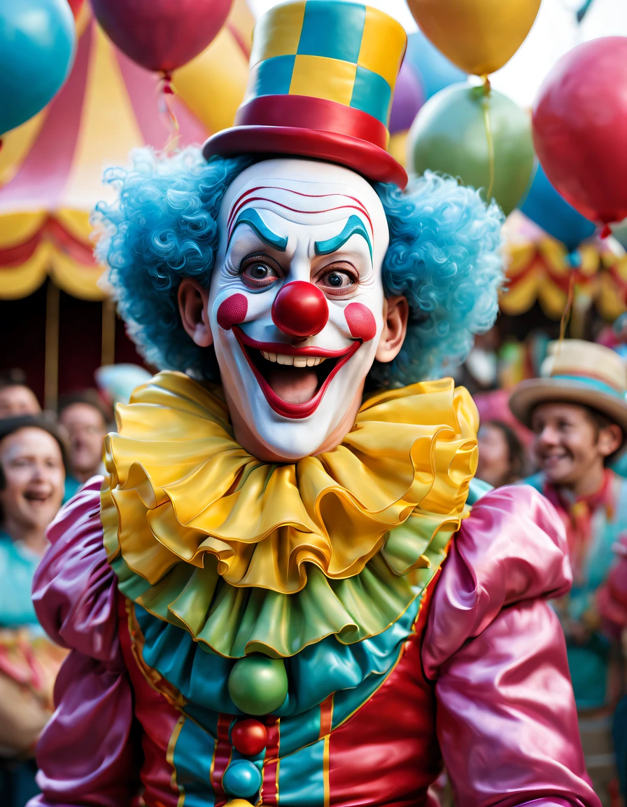 (best quality,4k,8k,highres,masterpiece:1.2),ultra-detailed,(realistic,photorealistic,photo-realistic:1.37),colorful,cheerful,playful,clown:1.1,magic,joyful atmosphere,children's laughter,circus,amusement park,balloons,juggling:1.1,giggles:1.1,cotton candy,carousel,acrobatics:1.1,fun games,happy moments,whimsical,innocent,excitement,entertainment,merry-go-round,enthusiastic audience,enchanted childhood,sparkling smiles,marvelous tricks,cheeky antics,lively entertainment,mischievous grin,magical moment,lovely costume,dancing,laughter:1.1,painting:1.1,painted face,wonder and awe,colorful hat,energetic performance,continuous laughter,interactive show,magic wand,twirling,hilarious jokes,unforgettable experience