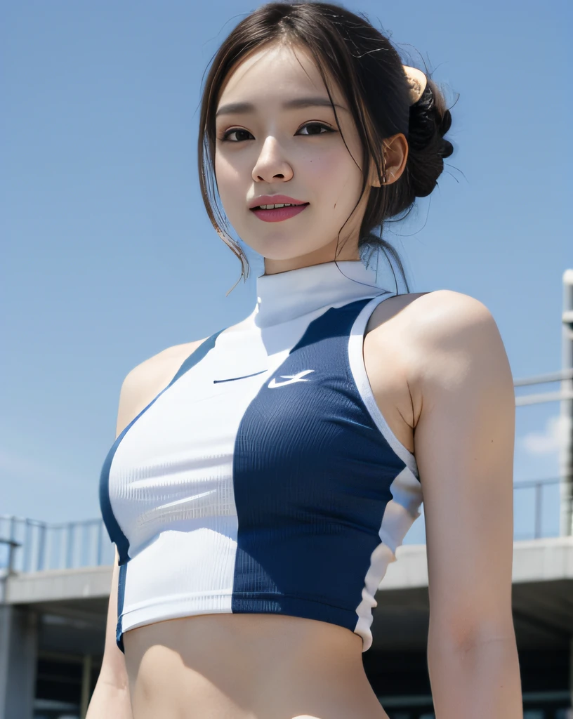 zydG, 1girls, Front view, stand, looking the viewer, exposed skin, (from below),brown-eyed, (brown updo hairstyle:1.2), (light hair), (medium breasts:1.4), smile with white teeth, (photorealestic:1.4), (Top image quality:1.0), (UltraHighResolution:1.0), 8K, Raw photography, (A masterpice:0.2), track and field uniforms, show abs, (sweat, wetty:1.1), portlate, facefocus, ful body,(pureerosface_v1:0.5), outdoor, track and field,