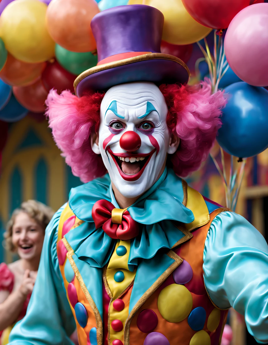 (best quality,4k,8k,highres,masterpiece:1.2),ultra-detailed,(realistic,photorealistic,photo-realistic:1.37),colorful,cheerful,playful,clown:1.1,magic,joyful atmosphere,children's laughter,circus,amusement park,balloons,juggling:1.1,giggles:1.1,cotton candy,carousel,acrobatics:1.1,fun games,happy moments,whimsical,innocent,excitement,entertainment,merry-go-round,enthusiastic audience,enchanted childhood,sparkling smiles,marvelous tricks,cheeky antics,lively entertainment,mischievous grin,magical moment,lovely costume,dancing,laughter:1.1,painting:1.1,painted face,wonder and awe,colorful hat,energetic performance,continuous laughter,interactive show,magic wand,twirling,hilarious jokes,unforgettable experience