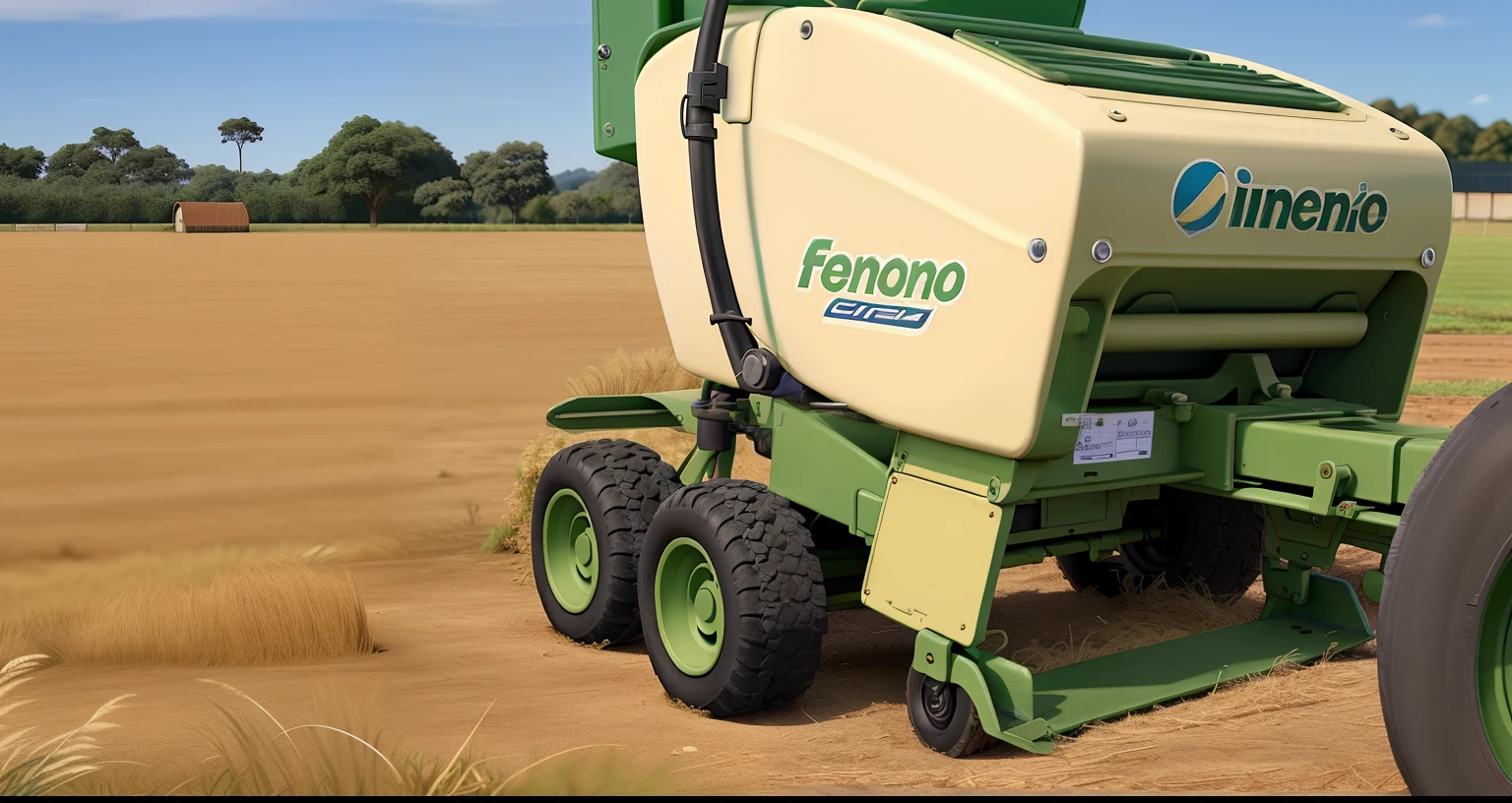 Uma enfardadora de fenos cilindricos da marca Krone. No campo com fardos de feno.
