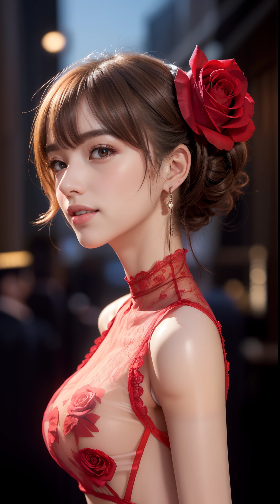 8K, masutepiece, Raw photo, Best Quality, Photorealistic, Highly detailed CG Unity 8k wallpaper, depth of fields, Cinematic Light, Lens Flare, Ray tracing, (Extremely beautiful face, Beautiful lips, Beautiful eyes), intricate detail face, ((Ultra detailed skin)) 1girl in, In the Dark, deepshadow, Pretty Korean girl, Kpop Idol, 1 girl, (Very slim and slender fit muscular body:1.3), ((Looking at Viewer)),(Big smile:1.3), (Midnight, a dark night, (Neon sign), (Blurred background), Dim light), (No people in the background:1.3), Beautiful earrings, Bracelets, Necklace, pantyhose, Clear eyes, Walking , Front shot, (pale skin), (Big eyes), Face forward, (Full body shot), (Brown hairs), open navel, (Looking at Viewer:1.3), Very slim, medium breasts, (Camel toe), thick thighs, turn back, (fluttering mini dress), (((Cute red transparent lace skirt dress with rose floral pattern))), (Tight skirt), ((backtrack, Back shot)), Ultra mini skirt, ((exposed ass)), upper Shot，((Cute lace panties in pink))，(Wearing pantyhose)