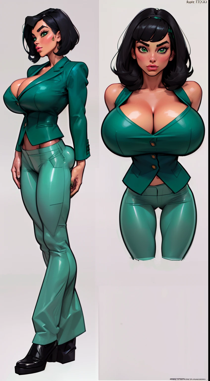 ((masterpiece)),(((best quality))), ((character design sheet)), ((full body view)) illustration,1girl, muscular, ((mintgreen blazer:1.4)), ((mintgreen pants:1.4)) buttercup, (mintgreen hairband),((black hair:1.4)), greensuiys ((detailed face:1.4)) ((gigantic breasts:1.3)), beautiful woman, slick bobcut, shiny skin, (thick legs), scribbles and marks, , rough sketches, pose, 8k,16k, (simple background, white background: 1.3)
