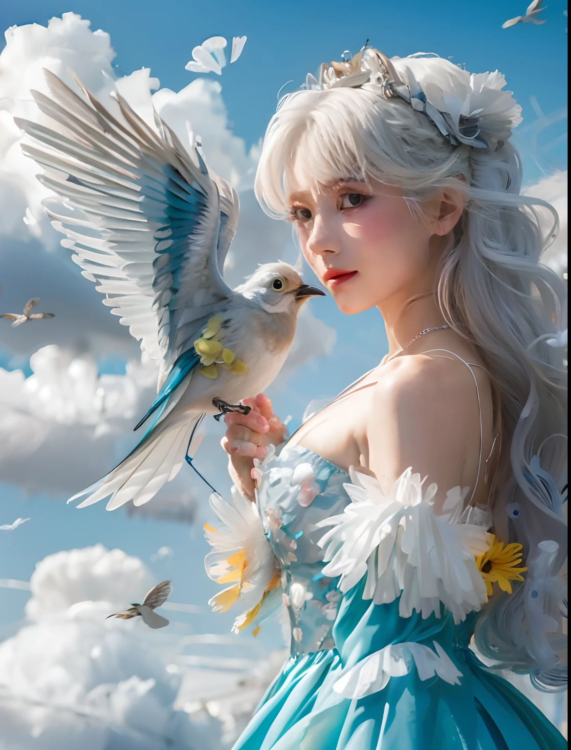 April small cute birds bring flowers and colorful feathers to her blonde/white braided hair, braided hair, bluebirds, hummingbirds, fluffy cumulus clouds, cumulonimbus, chickadees, goldfinch, swirling curling blonde/white hair, twirling, spiral, gyro, puffy fluffy, cotton candy, sunshine, mist, frost, frosty, frozen, warm, silver dress, silver gown, flashing dynamic, sound, photorealistic, hyperdetailed, glass, gems, color, 24 years woman, fairy hair, drill hair, digital sound clouds, 64k resolution, mystical art style, fun, timing, love, honesty, oil paints, new design, paper-art, spring, with the Renaissance brilliance of Leonardo da Vinci, and Michelangelo, creating a vibrant classical elegance.