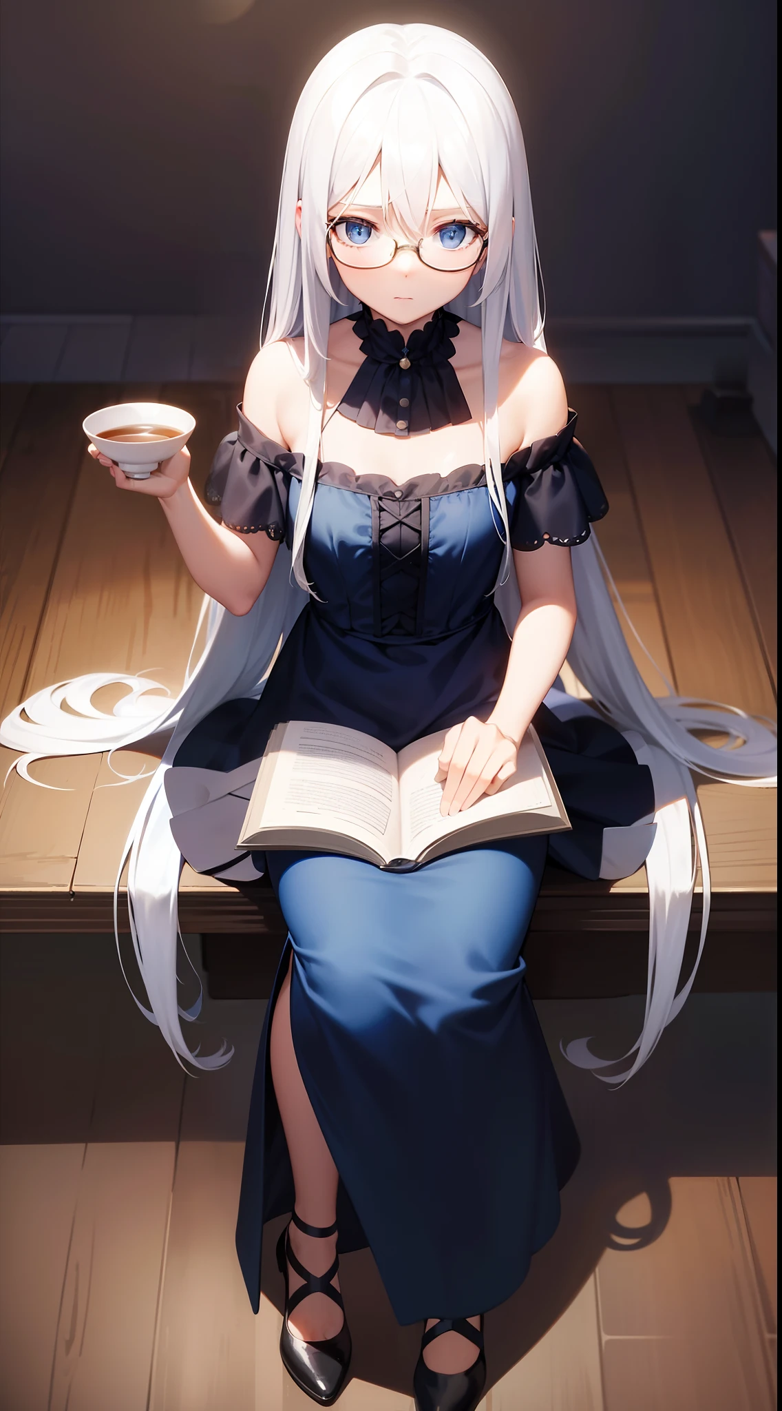 small girl, Long white hair, blue eyes, black Stylish glasses, blue dress, fluffy dress, short sleeves, open shoulders, book, sitting at a table, tea, Masterpiece, hiquality, 4k, HD, Good detail