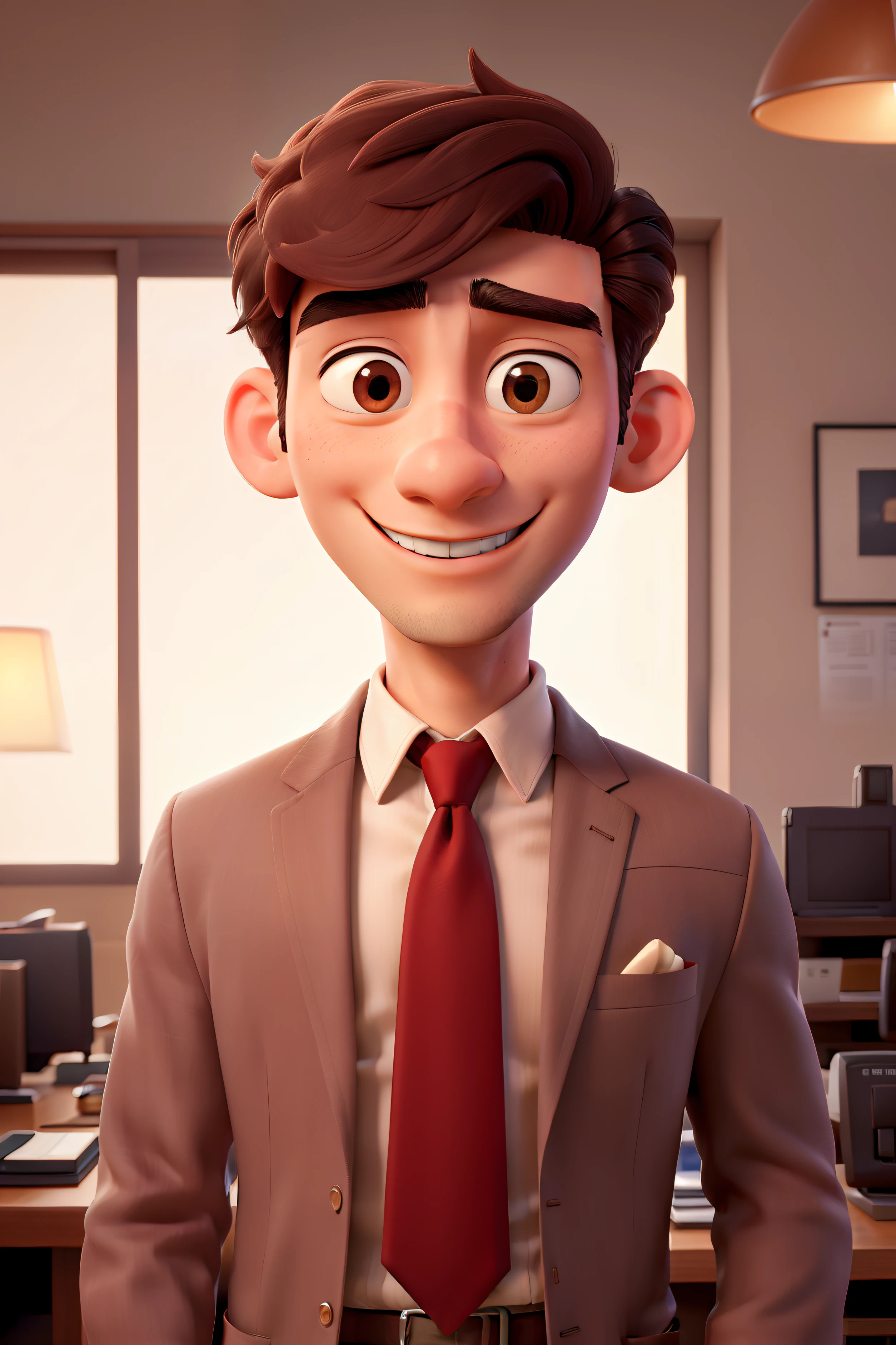 masterpiece, best quality, Cool man, bank employee, wearing a red tie, handsome, facial details, Asian nose, brown eyes, sweet smile, dashing and handsome