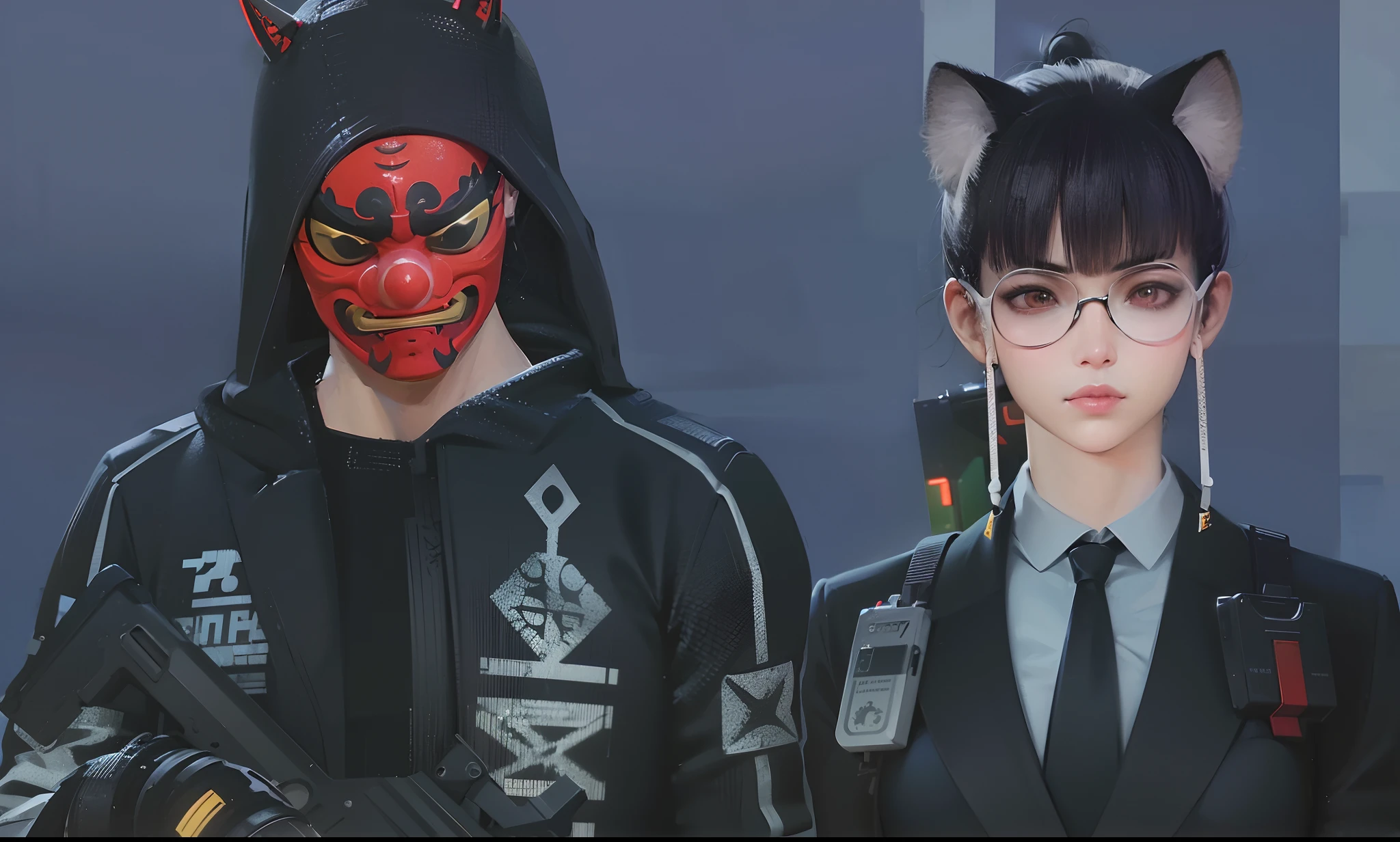 there are two people dressed up in costumes and holding guns, nixeu and sakimichan, wearing all black mempo mask, kanliu666, lunar themed attire, with kitsune mask, cyber aesthetic, sakimichan, e - girl, e-girl, cyberpunk outfits, persona 5 style, inspired by Jang Seung-eop