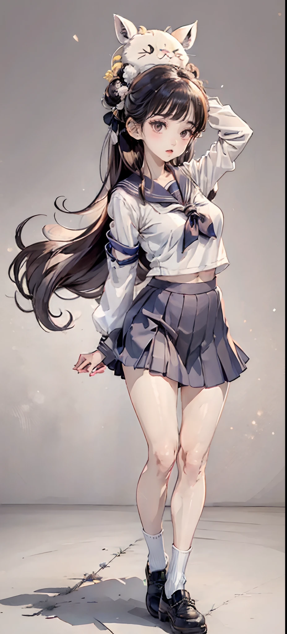 Beauty all over the body，Long legs，Sailor suit schoolgirl，leather shoes，Stand head-on，a skirt，greybackground