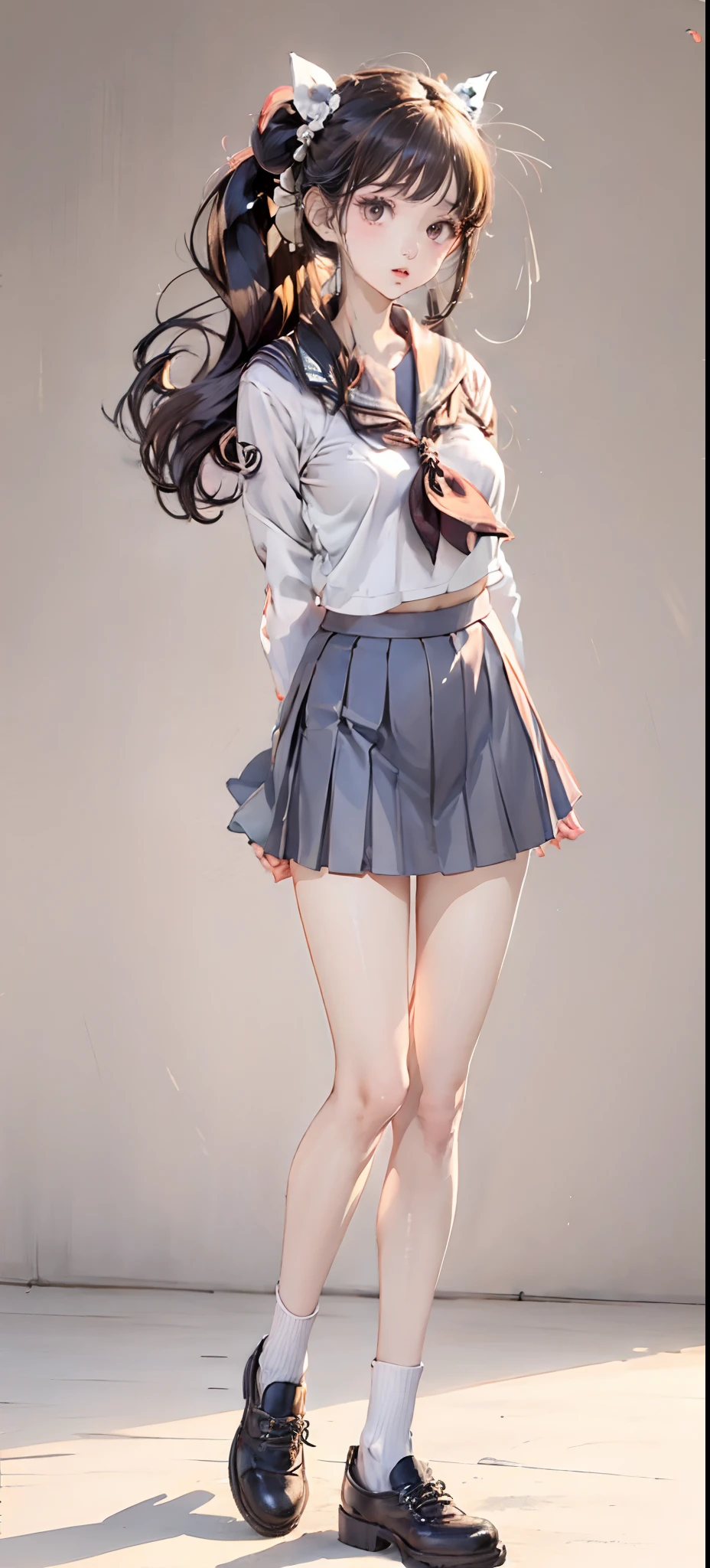 Beauty all over the body，Long legs，Sailor suit schoolgirl，leather shoes，Stand head-on，a skirt，greybackground