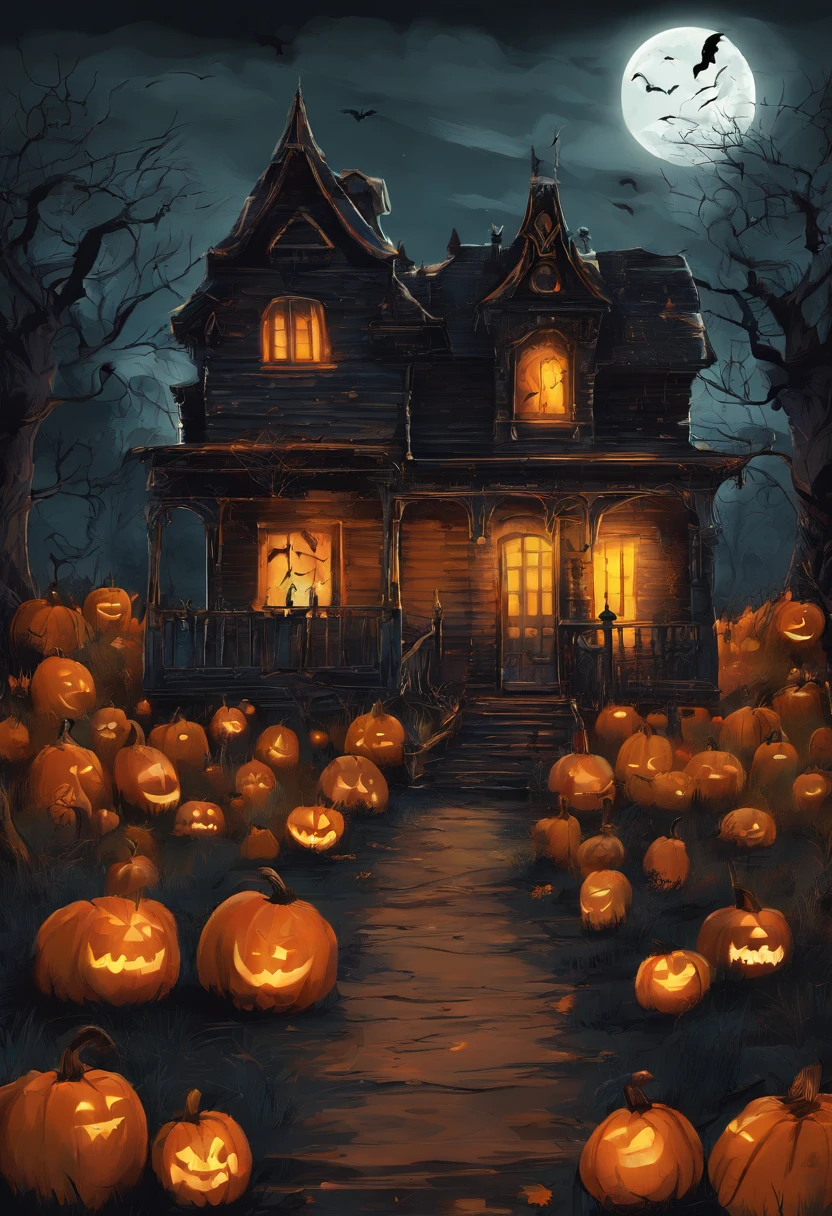 A Halloween scene with pumpkins and a house, uma pintura fosca detalhada por Pamela Ascherson, Vencedor do concurso Pixabay, gothic art, Luz cintilante, vibe sinistra, behance HD