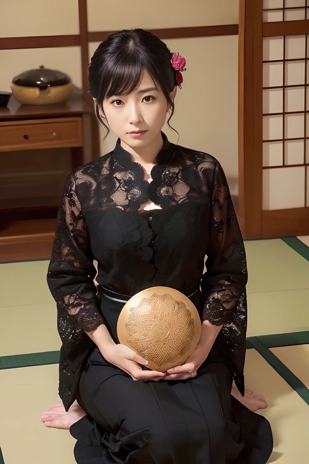 ((1人の女性,The most beautiful faces in Japan,40 year old,Perfect camera gaze,Shooting from up close)),((((Simple jacket and inner in black cloth,Black Simple Lace Skirt,Full black clothes)))),((pearls necklace,Classy hairstyle,natural make up,Hide the chest area,Emphasis on chest bulge,sad Facial expression,mournful,face that seems to cry,Troubled look,Puzzled look,Sitting in a Japanese-style room,Japanese-style tatami room,shoji,There is a Buddhist altar,A Buddhist altar in the background,butsudan,Seowon building,Japan Room,Sit upright on a cushion,Sit upright on a cushion,Looking at the camera,look at a camera,Take a photo above from your lap)),((Turn to this,View here,Perfect fingers,perfect arms,细致背景,top-quality,The ultra -The high-definition,Perfect Anatomy,high-definition RAW color photography,professional photograpy, extremely delicate and beautiful, Extremely detailed,finely detail, Huge file size,Top image quality,8K,Award-Winning Works,masutepiece))