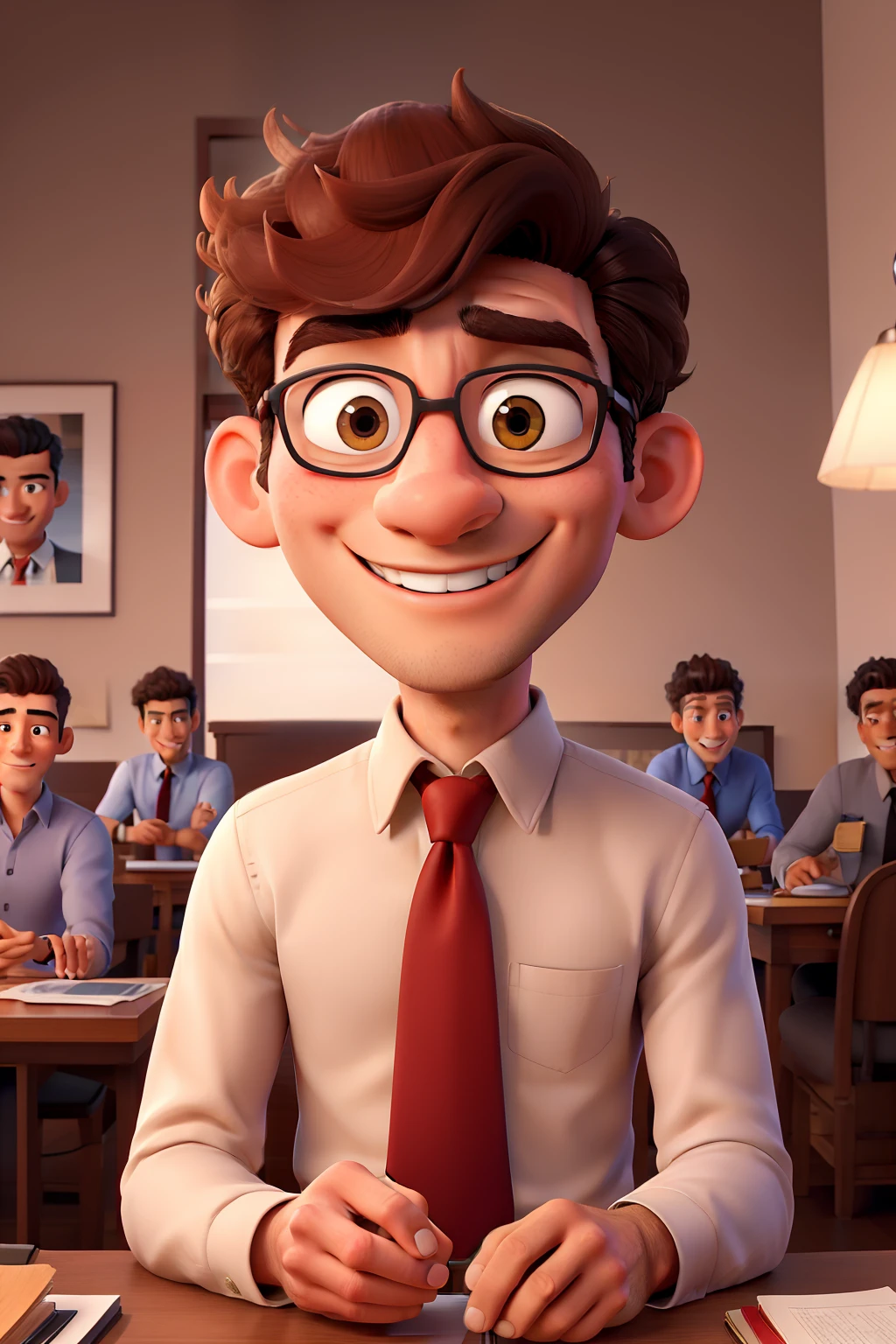 masterpiece, best quality, Cool man, bank employee, wearing a red tie, handsome, facial details, Asian nose, brown eyes, sweet smile, dashing and handsome, Sitting in a chair, face radiant and happy, hair neat and slightly curly
