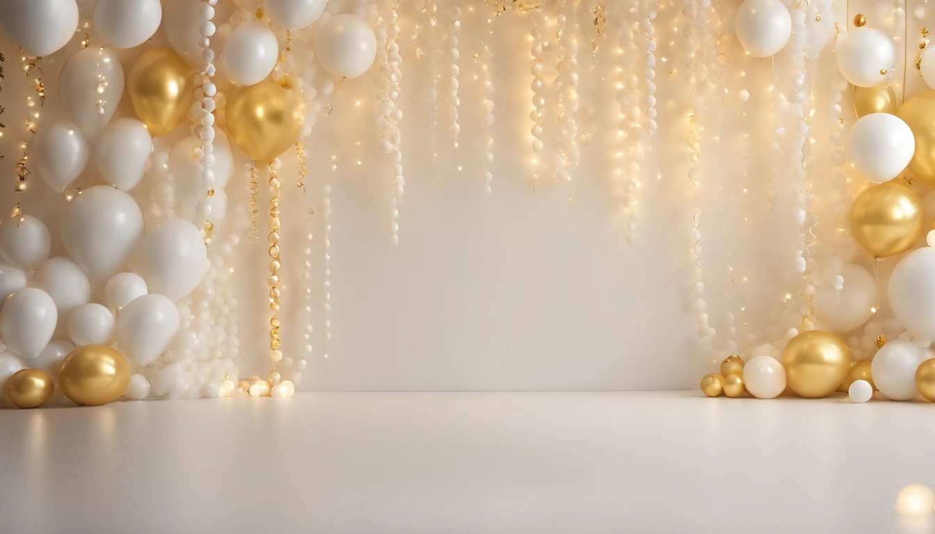Real photo, white drywall, and decorated with light yellow and white and cream bubble strings, Birthday decoration backdrop, used for studio photography
