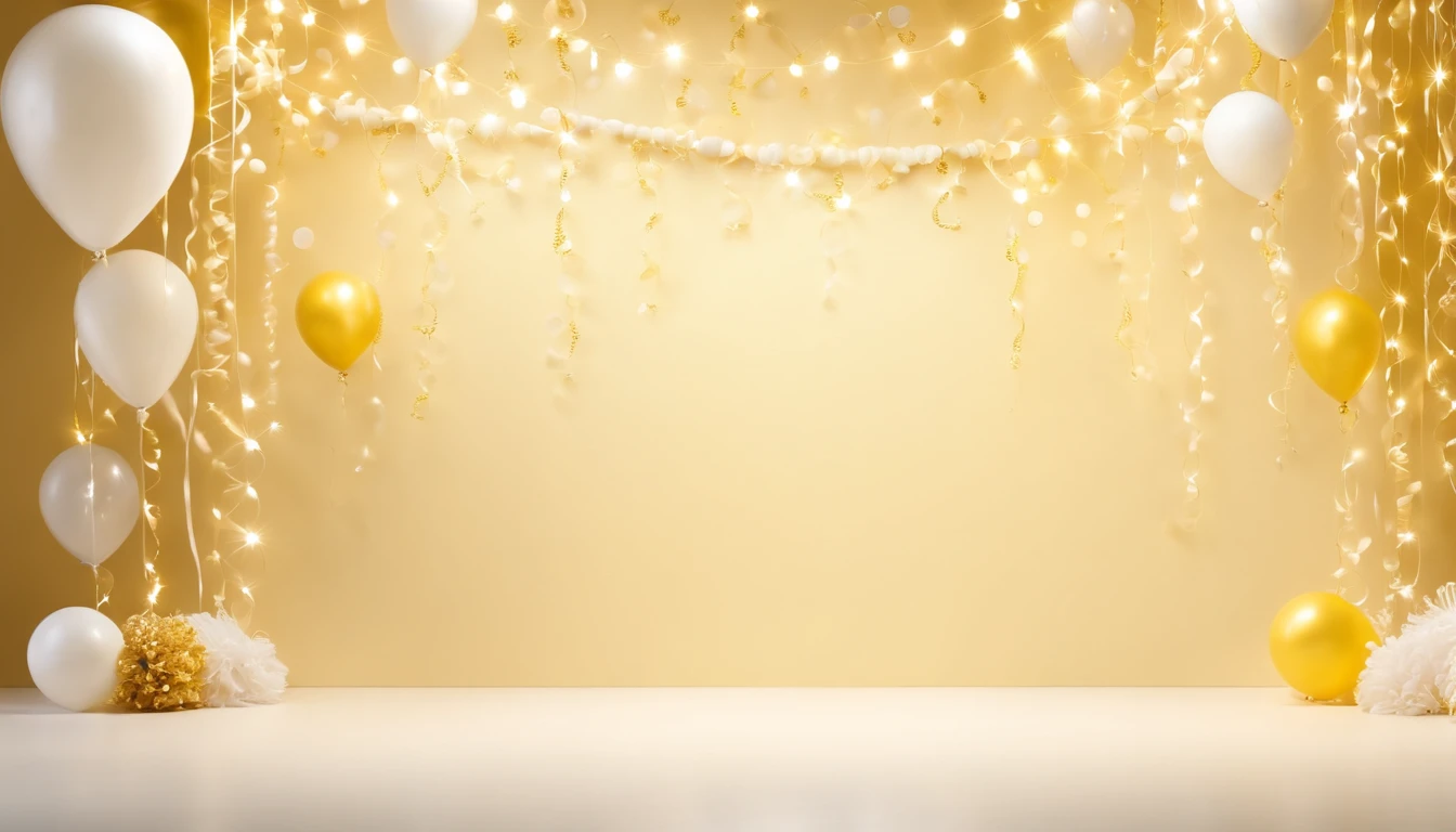 Real photo, white drywall, and decorated with light yellow and white and cream bubble strings, Birthday decoration backdrop, used for studio photography