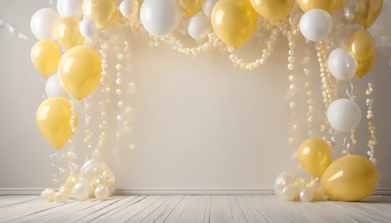 Real photo, white drywall, and decorated with light yellow and white and cream bubble strings, Birthday decoration backdrop, used for studio photography