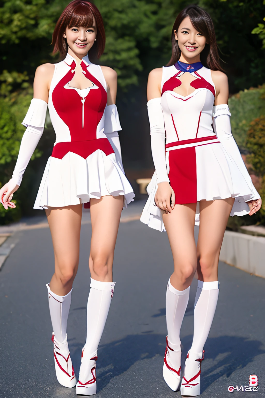 super girl, Realistic, hight resolution, Hyper-Resolution, FUJI XT3, Detailed, fullbody image,Delicate full-body photo、White and red skeleton body suit、Sexy Shots,Nioh stands and smiles,