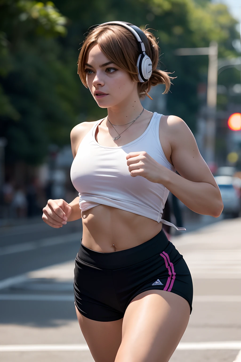 Emma Stones correndo ,com camiseta branca e shorts leags preto ,treino  , 4k, 8k, high-resolution, master part:1.2), ultra-detalhado, Realistic, tiro de corpo inteiro, vestindo um terno futurista preto brilhante, silhueta sensual de corpo inteiro e curvas ,na rua movimentada, linda sensual , fitness , cabrlos loiros e mexas pink , usando  headphone