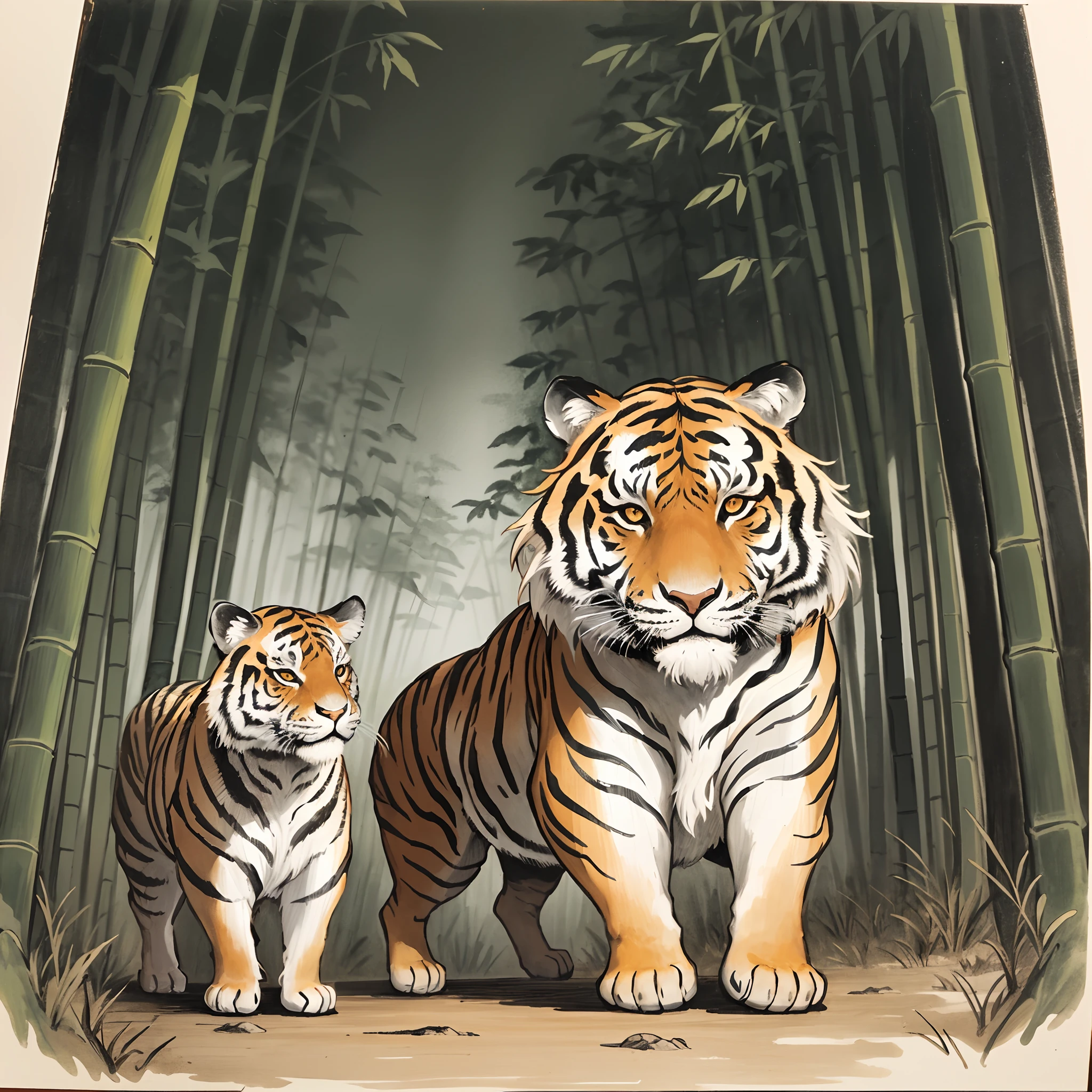In a bamboo forest, a human transformed into a tiger meets an old friend and laments their past, Illustrated in the style of a traditional Chinese ink wash painting, resembling a handscroll with a horizontal composition,