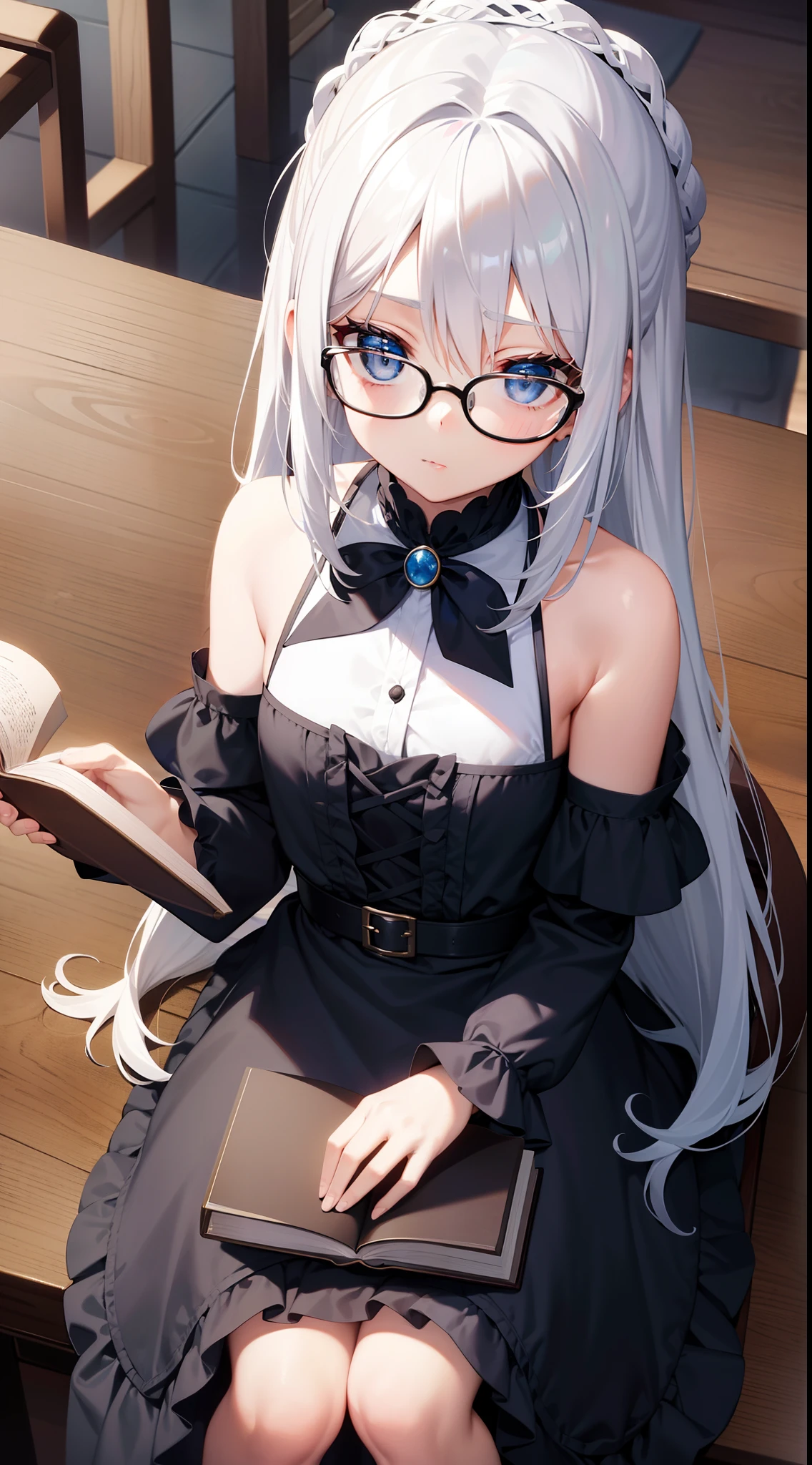 (masterpiece), (best illustration),,,(extremely detailed CG unity 8k wallpaper),(masterpiece), (best quality), (vaporwave style), (ultra-detailed), (best illustration),(best shadow),perfect lighting , perfect anatomy , vivid colors,(masterpiece), best quality, expressive eyes, perfect face, school girl, shy, holding books, glasses ,full body
Face: A beautiful heart shape face with gentle features.
Hair: Long, straight and black
Eyes: Light yellow eyes
Height: 145cm
Weight: 55 KG
Bust: 44 inch
Waist: 30 inch
Hips: 40 inch, dress, hair ornament, blush, breasts, 1girl