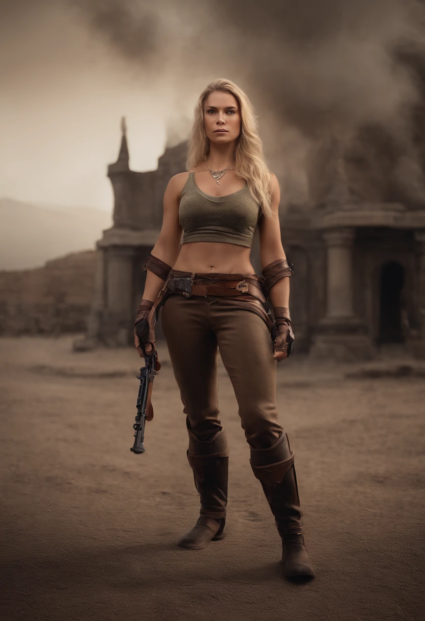 Pixar, Disney, cartoon, 3d rendering, girl, blond, viking, Nordic style, bodybuilder body, strong arms, very beautiful, with guns, pistol and rifle, military clothes, pants, nose are bigger, fire and flames background, brown eyes, brown eyes, city like New York on background, looking to the photo viewer