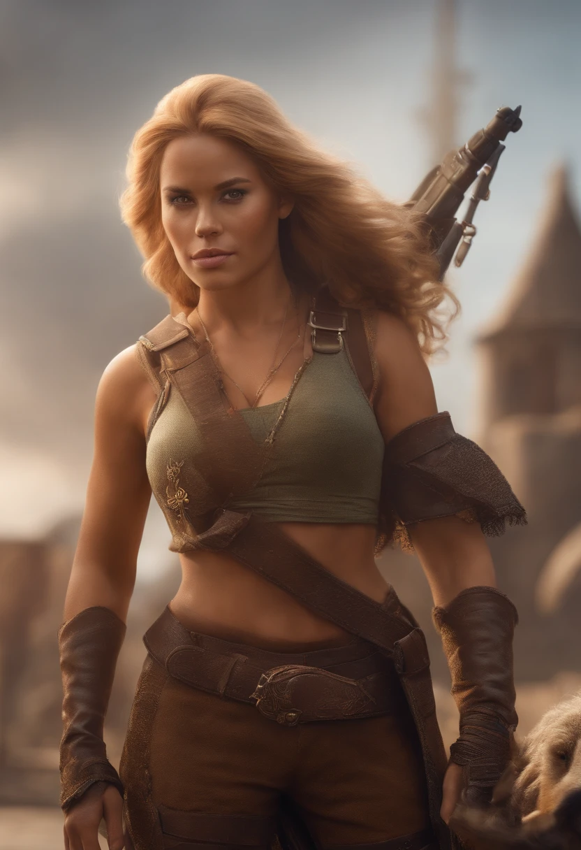 Pixar, Disney, cartoon, 3d rendering, girl, blond, viking, Nordic style, bodybuilder body, strong arms, very beautiful, with guns, pistol and rifle, military clothes, pants, nose are bigger, fire and flames background, brown eyes, brown eyes, city like New York on background, looking to the photo viewer