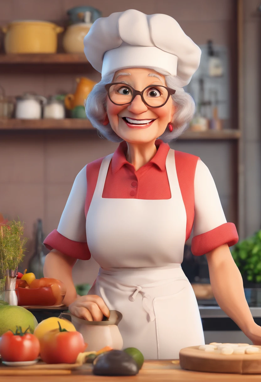 Granny with white cook hat white apron red outfit , sorriso insano, Senhora de pele marrom com um sorriso gigante, happily smiling at the camera, sorriso atrevido, Smiling granny, sorriso muito grande, Senhora sorridente, foto de perfil headshot, rindo sorriso enorme, desenhando no estilo de Arte 3D, c4d, cozinha de fundo, estilo disney, estilo pixar render ilustracao Super Detalhe, 8k