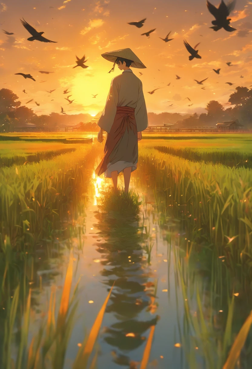 (breathtaking, realistic, vibrant colors, 8k),rice field with sunset, golden hour lighting, tall and lush green rice plants, shimmering reflection of the sky on the water, gentle breeze gently swaying the plants, distant mountains in the background, serene atmosphere, peace and tranquility, slightly hazy atmosphere, soft and warm sunlight, a farmer wearing a traditional hat, bent over and working on the field, graceful movements, the sound of rustling leaves, a flock of birds flying across the sky, creating a sense of freedom and harmony