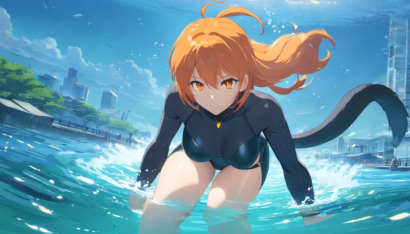 1 female、Orange hair、Colossal tits、Big ass、Black catsuit、yellow  eyes、Large, thick thighs、a short bob、wide hips、under the water