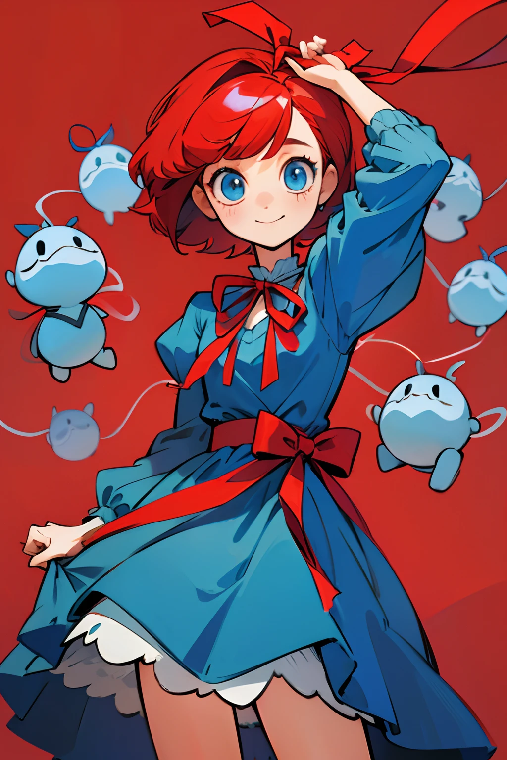 kpop girl , short red hair with one big blue ribbon, kind, happy, with red hair and a ribbon, cute blue ragdoll dress, cute red courtain background