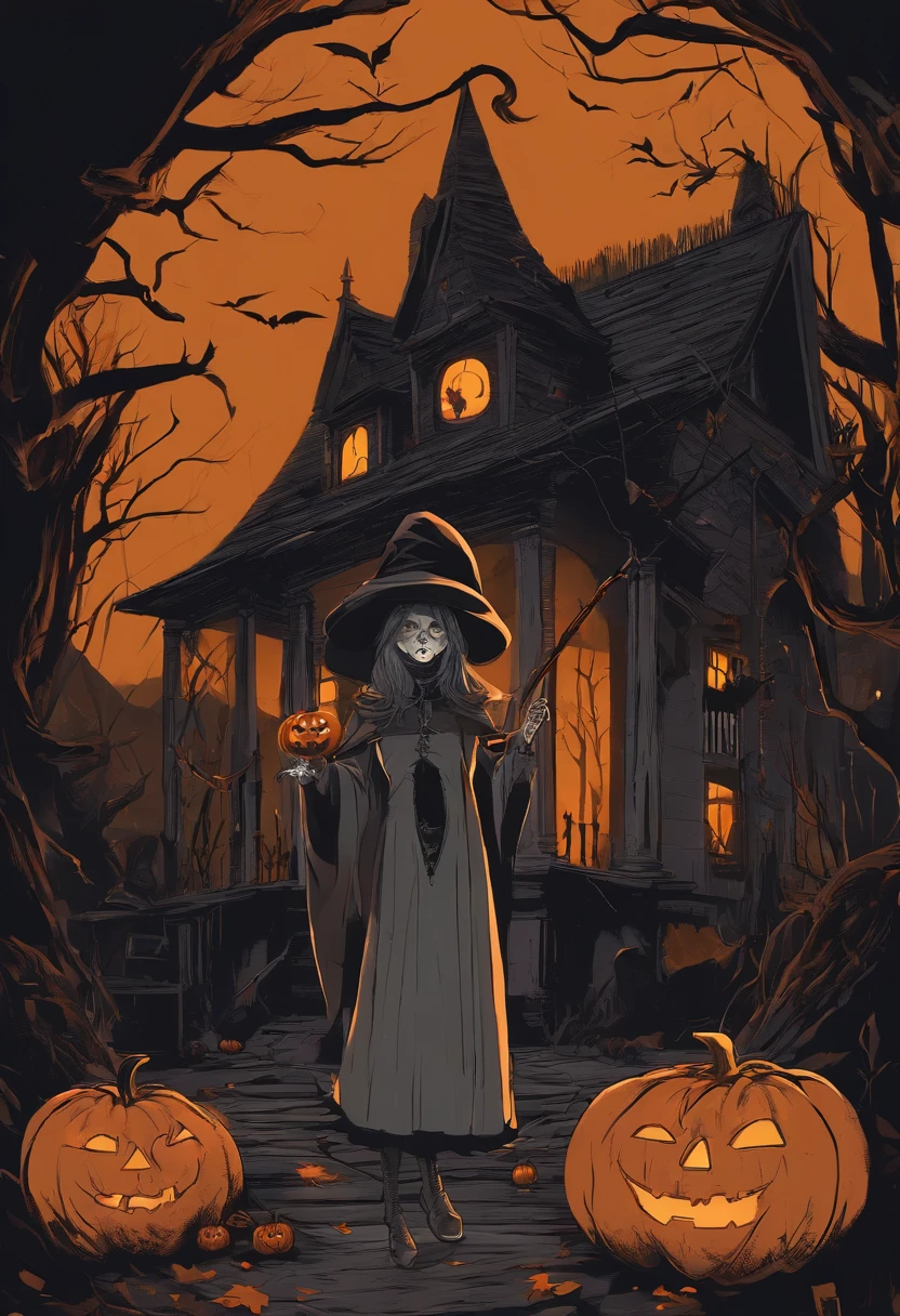 (best quality,4k,8k,highres,masterpiece:1.2),ultra-detailed,realistic:1.37,Halloween,a girl in a garden,with glowing pumpkin lamps,and a spooky haunted house,dark and gory ambiance,gloomy atmosphere,gothic art style,glimmering lights,mysterious shadows,foreboding vibes,the girl wearing a witch costume,with a pointed hat and flowing cloak,holding a broomstick,skeletons lurking in the background,a full moon shining brightly,paintings of eerie scenes hanging on the walls,cobwebs and bats filling the air,eerie silence broken only by the rustling of leaves,meticulous brushstrokes by Pamela Ascherson,winner of the Pixabay contest,matte finish giving a dreamlike quality,surrealism mixed with horror elements,subtle shades of black and gray,with pops of deep orange from the pumpkins,dark and twisted fantasy world created,concealing secrets and mysteries,emphasizing the sinister beauty of Halloween night.