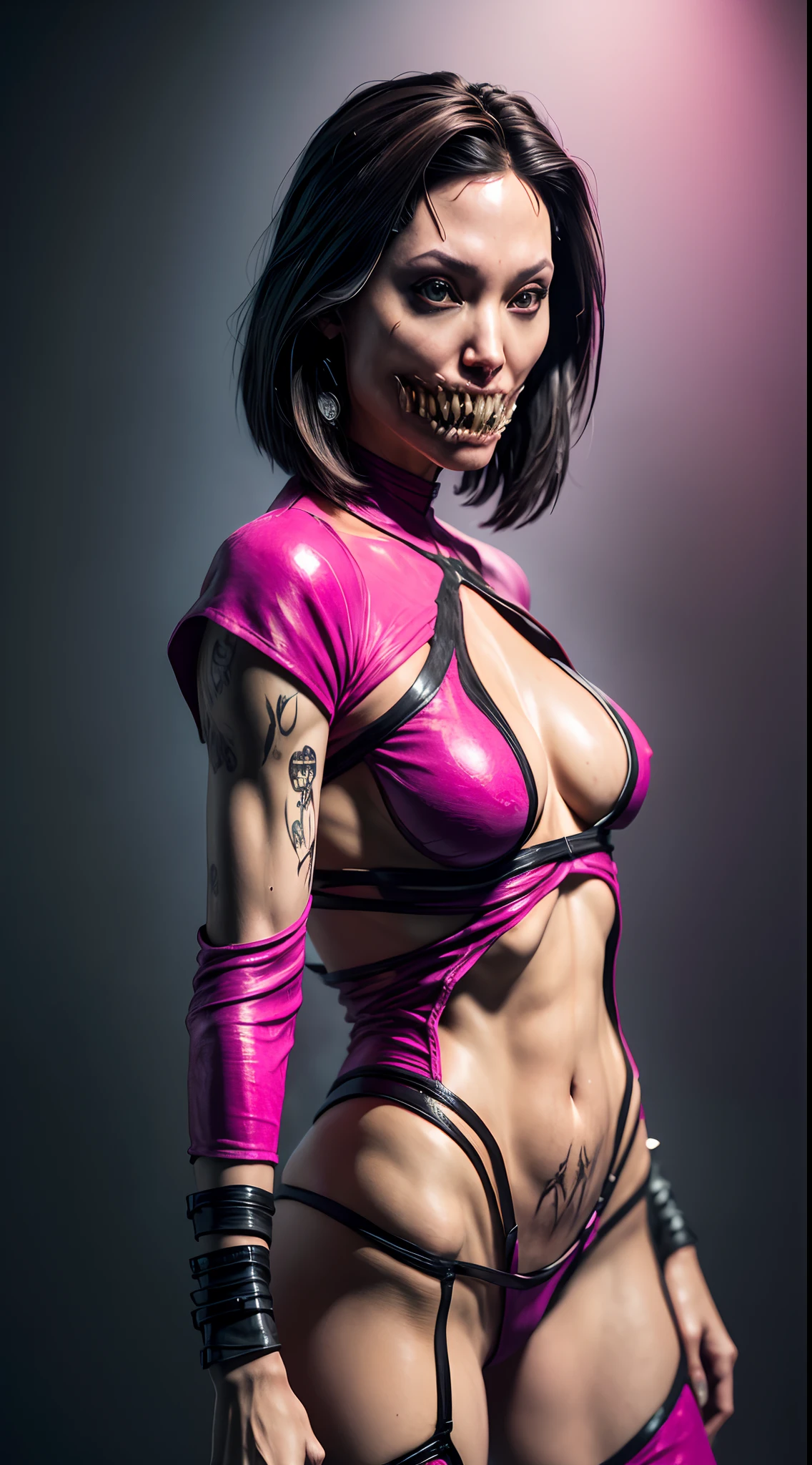 actress (Angelina Jolie) as Mileena from Mortal Kombat, holding pair of sai blades, angry, (sharp, carnivorous extra teeth), pink tight-fitting bodysuit with black patterns, pink stockings, high heels, ((short hair)), intricate, high detail, sharp focus, dramatic, photorealistic painting art by greg rutkowski